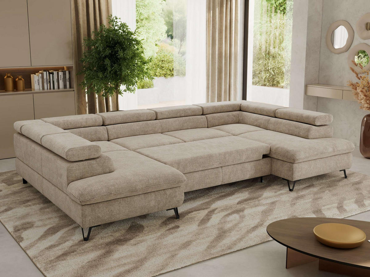 WOHNLANDSCHAFT PABLO U Schenille grob gewebt Beige - Beige/Schwarz, Textil/Metall (346/76/208cm) - MKS