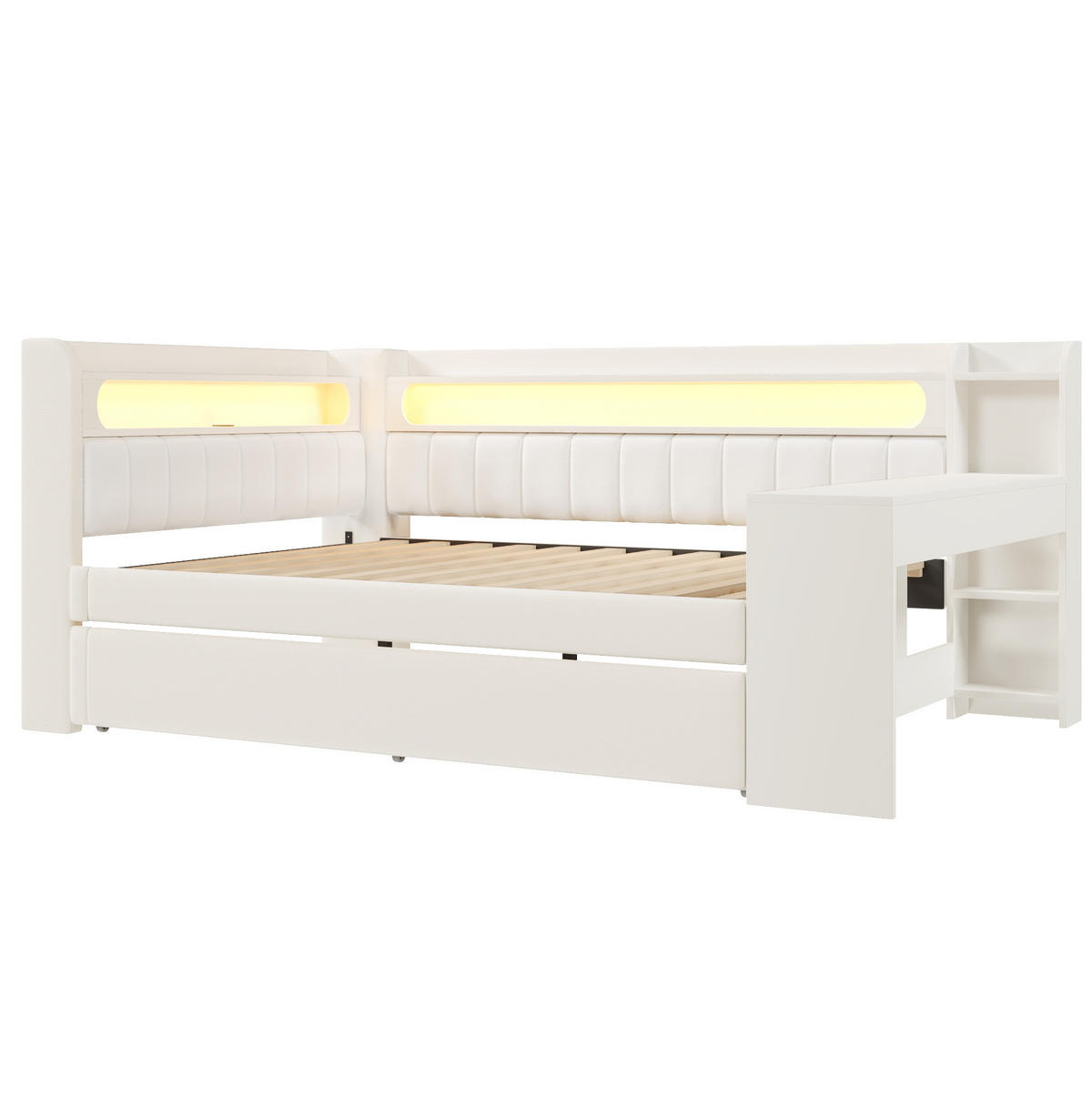 ČALÚNENÁ posteľ 140/200 cm biela s LED osvetlením, USB, výsuvným lôžkom a písacím stolom z MDF - biela, kompozitné drevo (140/200cm) - OKWISH