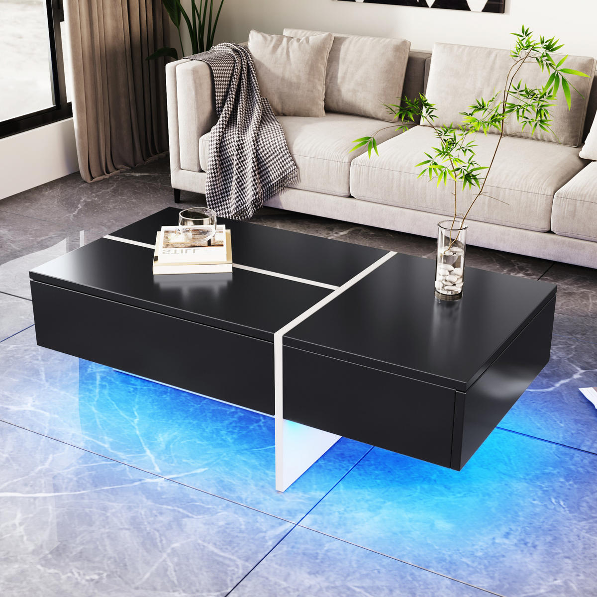 COUCHTISCH 100/50/34.5 cm schwarz aus Spanplatte mit LED-Beleuchtung und 3 Schubladen - Schwarz, Holzwerkstoff (100/50/34.5cm) - OKMYHOME