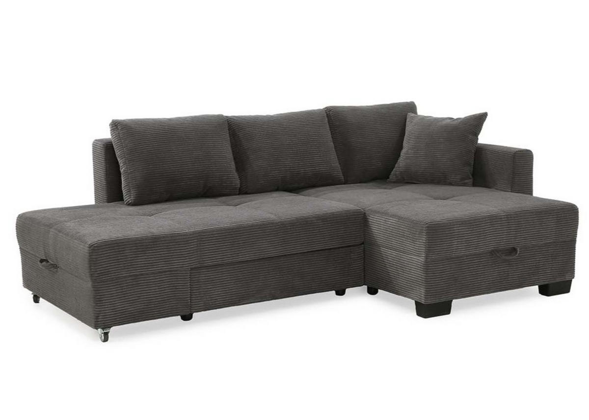 ECKSOFA Doppelbett mit Bettkasten, seitenverkehrt montierbar B247/T155/H87 cm, Liegefläche 183x207 cm, Cord Grau Anthrazit / 15214 - Schieferfarben/Anthrazit, Kunststoff/Textil (247/155cm) - luma-home