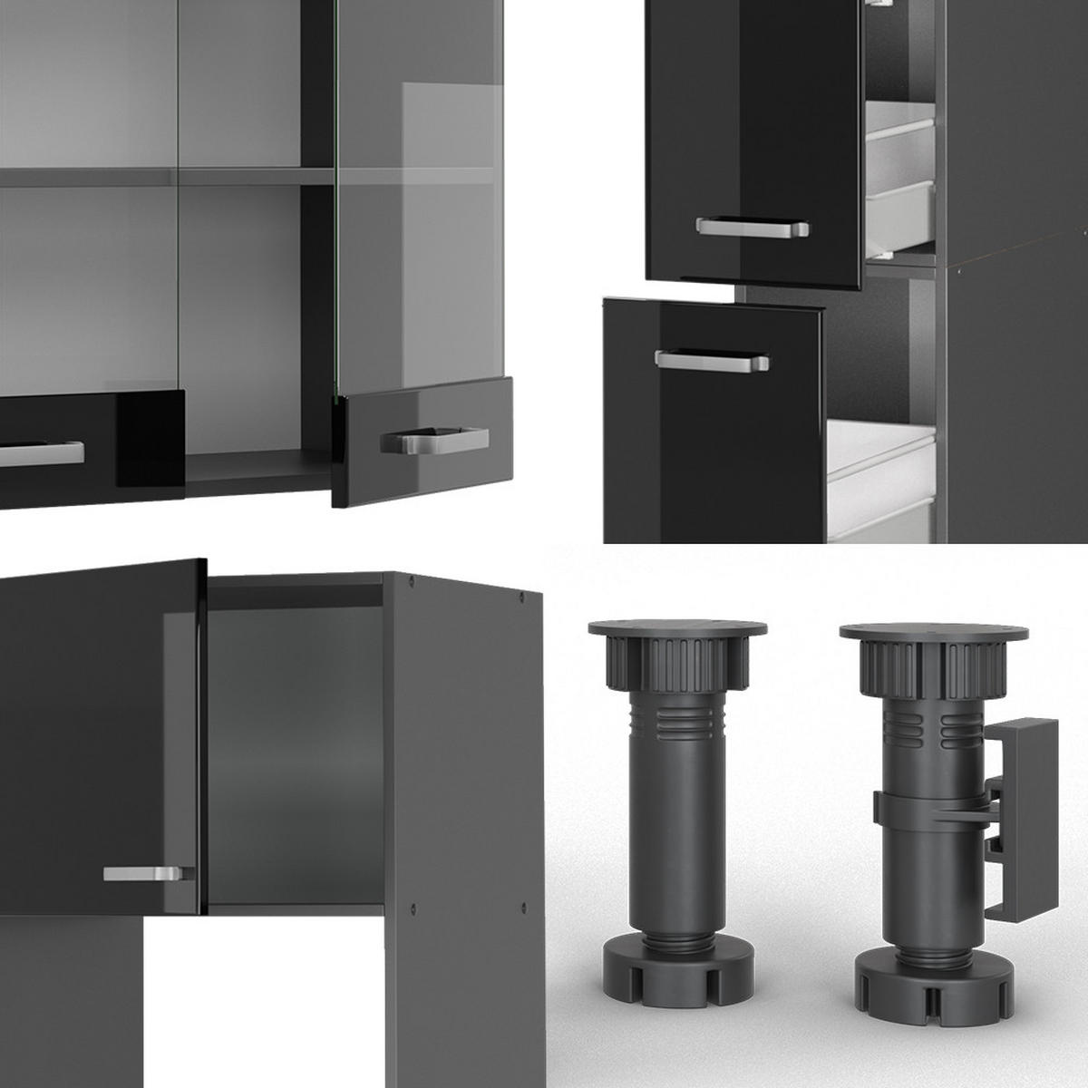 KÜCHENZEILE R-Line Schwarz Hochglanz 350 cm mit Hochschrank, AP Marmor - Schwarz Hochglanz/Anthrazit, Holzwerkstoff (350/81.6/60cm) - Vicco