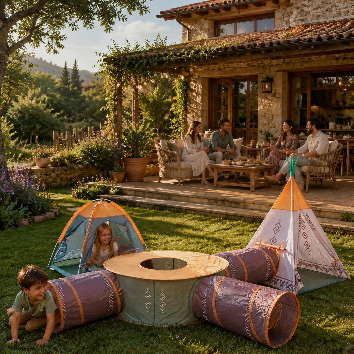SPIELZELT 7er Set – Tipi, Iglo-Spielzelt mit 4 Tunneln, Indoor & Outdoor, für Kinder ab 3 Jahren - Multicolor, Textil (532/320cm) - COIL