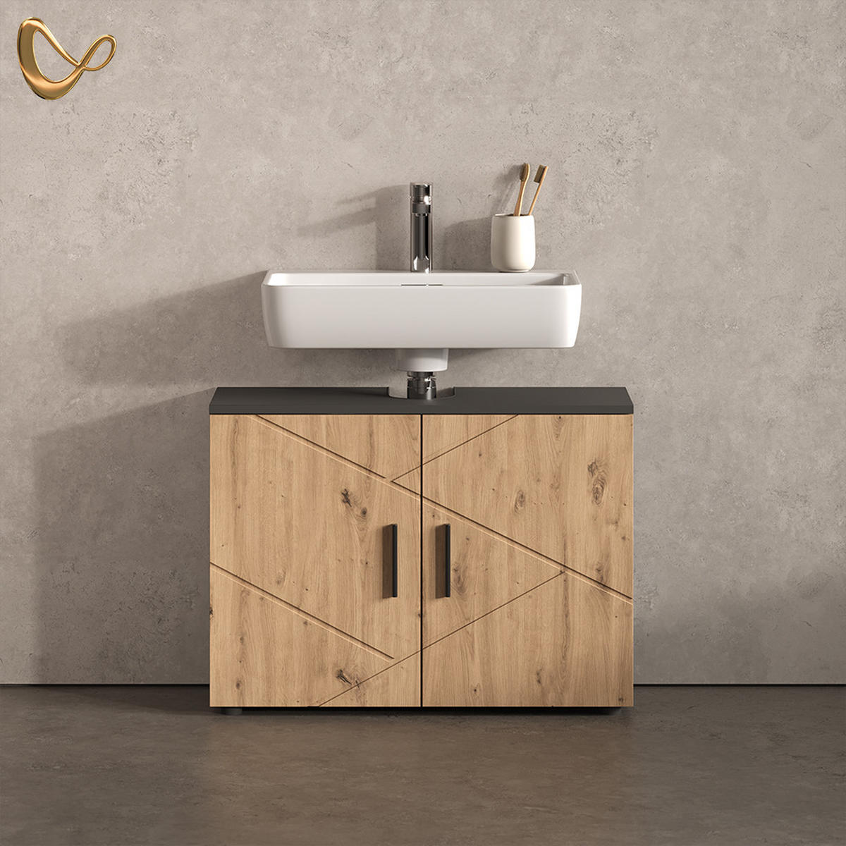 WASCHTISCHUNTERSCHRANK Ronco, Anthrazit/Artisan-Eiche, 80 x 59 cm mit 2 Türen - Anthrazit/Eiche Artisan, Holzwerkstoff (80/59/30cm) - Livinity®