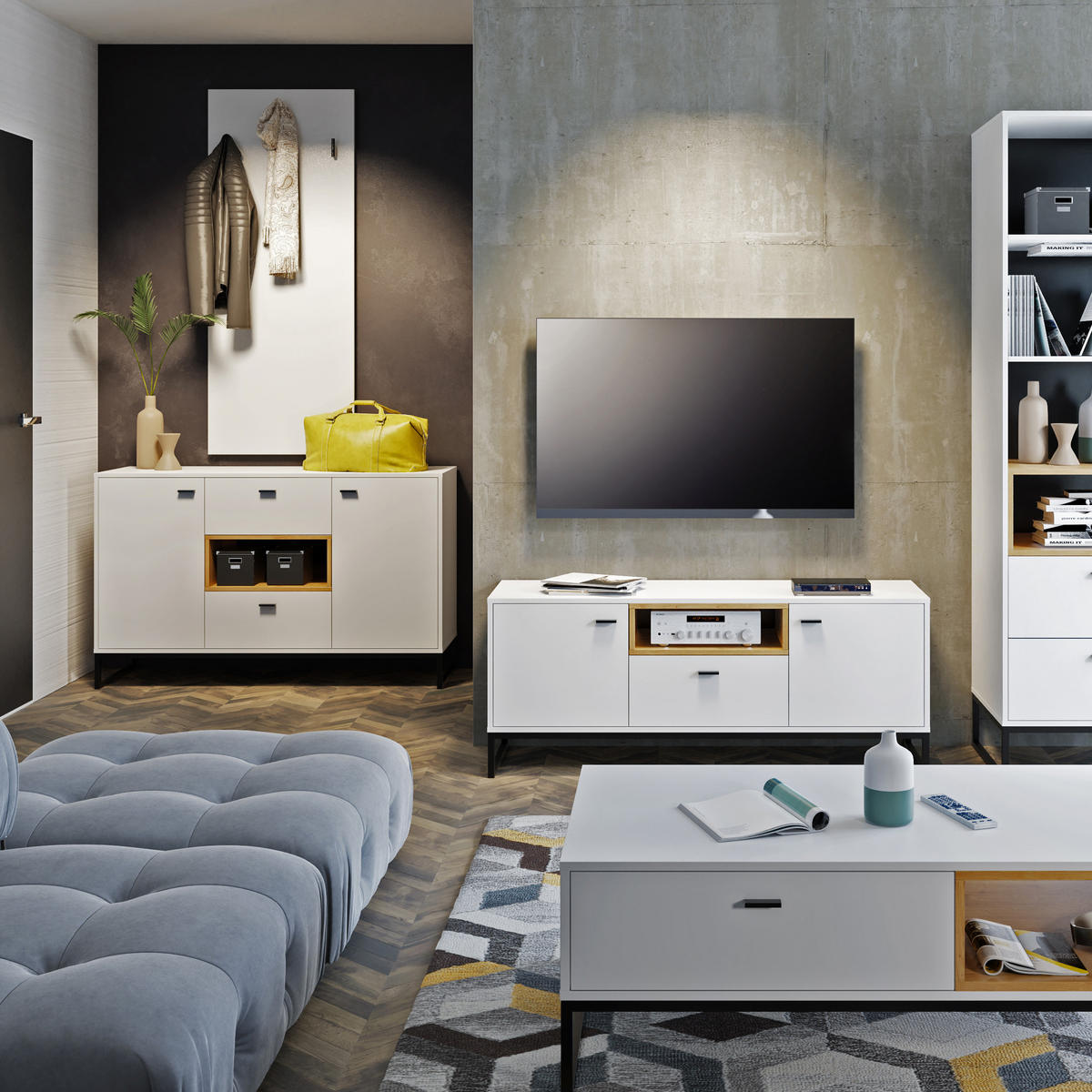 DREHTÜRENSCHRANK OMAN mit 2 Türen und 1 Schublade, Weiß+eiche Artisan - Schwarz/Weiß, Holzwerkstoff/Metall (80/202/60cm) - Beautysofa