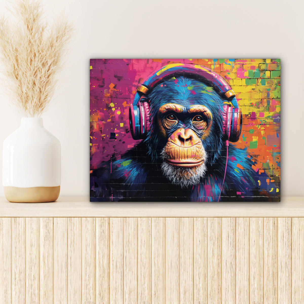 LEINWANDBILD Graffiti - Schimpanse - Straßenkunst - Kopfhörer - Affe Wandbild 40x30 cm - Blau, Textil (40/30cm) - MuchoWow