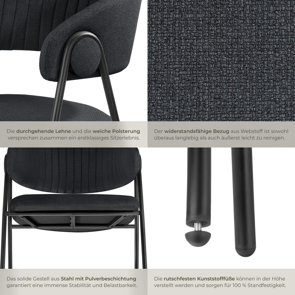 ARMLEHNSTUHL 4er Set Bedano 60 x 58 x 85 cm schwarz - Schwarz, Kunststoff (60/85/58cm) - tectake