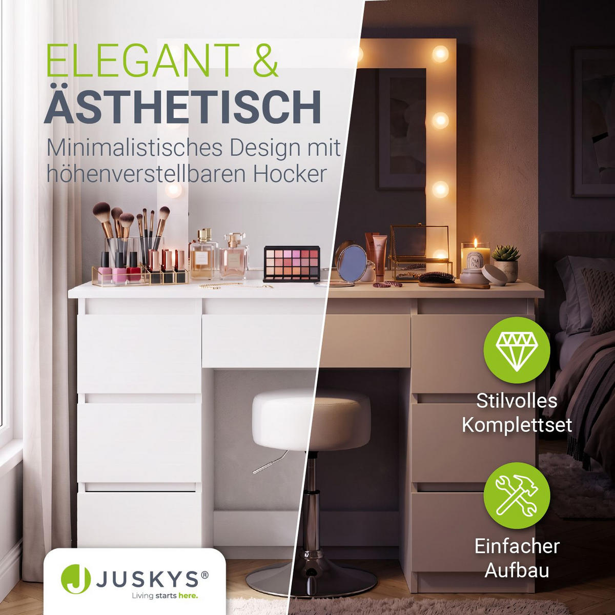 SCHMINKTISCH Talea mit LED (3 Lichtstufen) inkl Hocker Tonia - Weiß, Holz (110/141/40cm) - Juskys