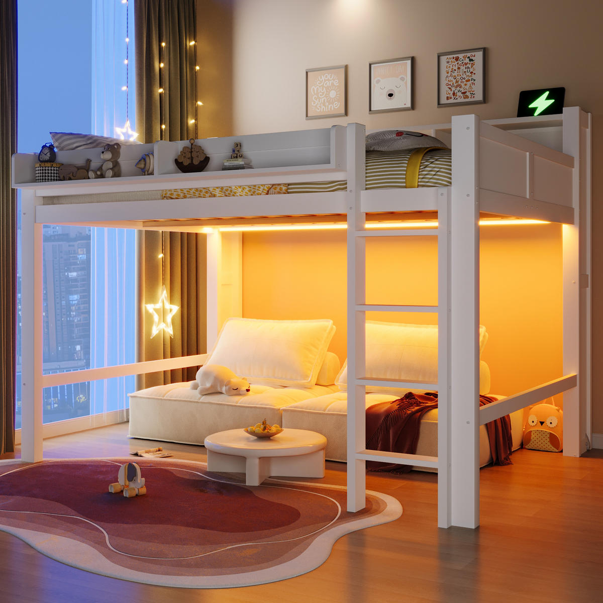 HOCHBETT 140/200 cm in Weiß mit 3 Schränken, LED und USB - Schwarz, Holzwerkstoff (140/200cm) - STILVORA