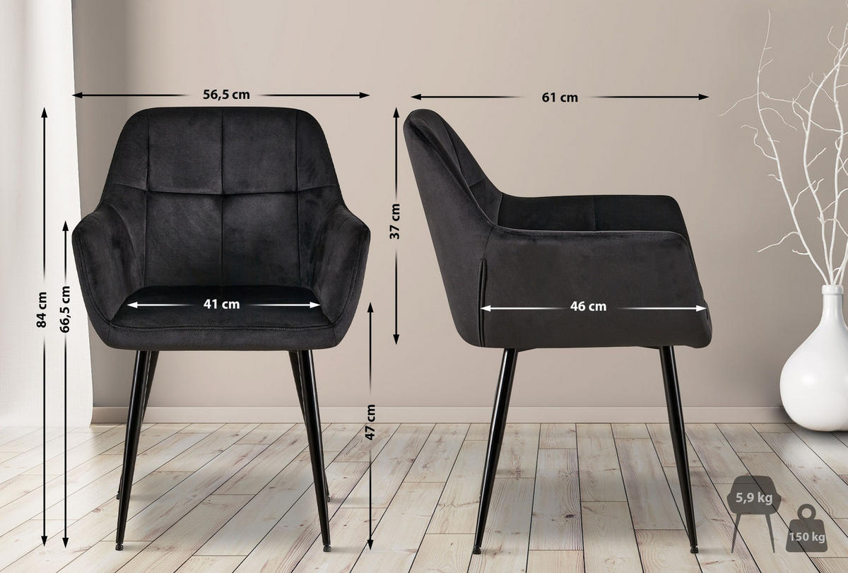 ARMLEHNENSTUHL 4er Set Samt Schwarz - Schwarz, Textil/Metall (56.5/84/61cm) - CLP