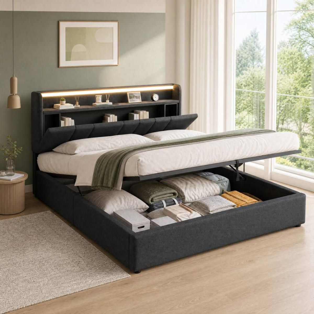 POLSTERBETT 140/200 cm grau mit Stauraum-Kopfteil und LED-Beleuchtung - Grau, Textil (140/200cm) - OKWISH