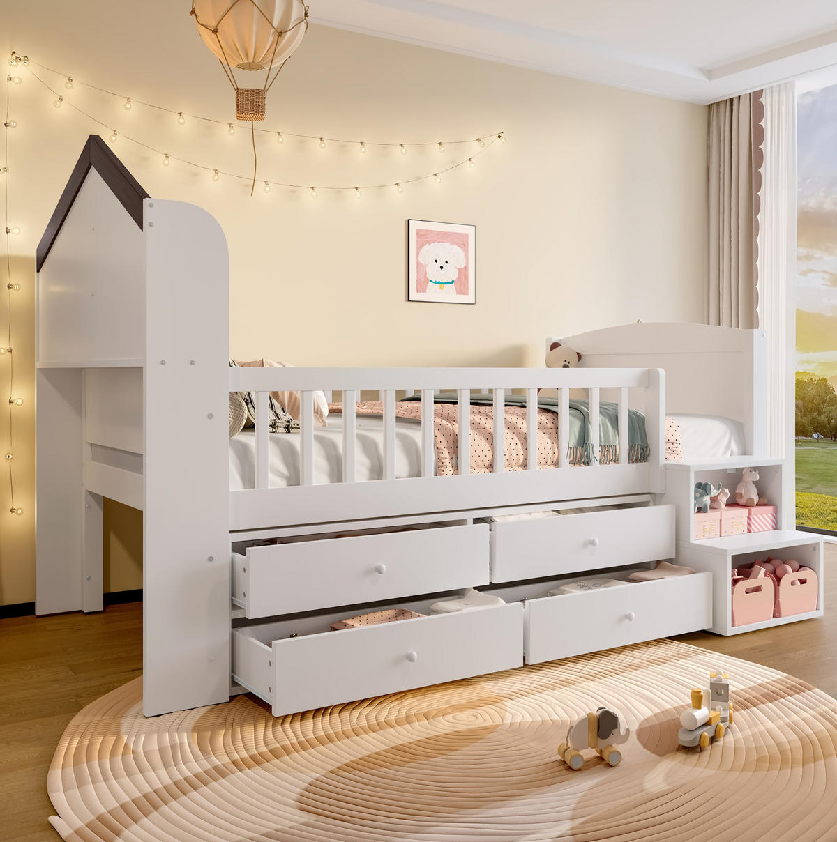 KINDERBETT 90/200 cm Weiß mit LED-Beleuchtung und 4 Schubladen - Weiß, Holz (90/200cm) - Flora Grace