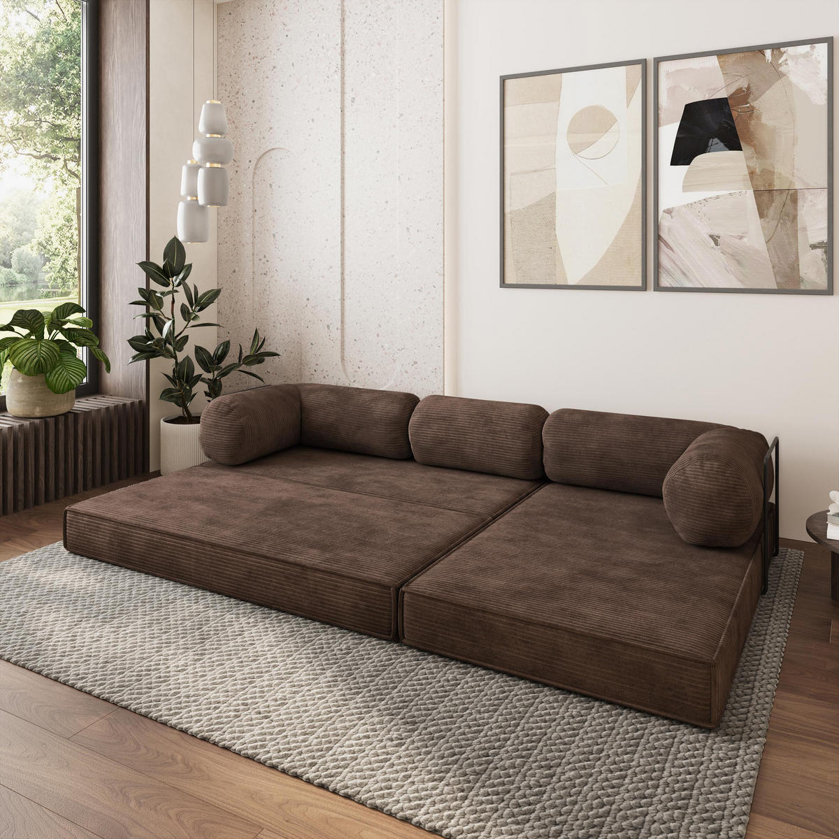 ROHOVÁ SEDAČKA ETERA modulární Boneless pohovka s funkcí spaní, hnědá POSO 06 - hnědá, textil (270/160cm) - MASSENO