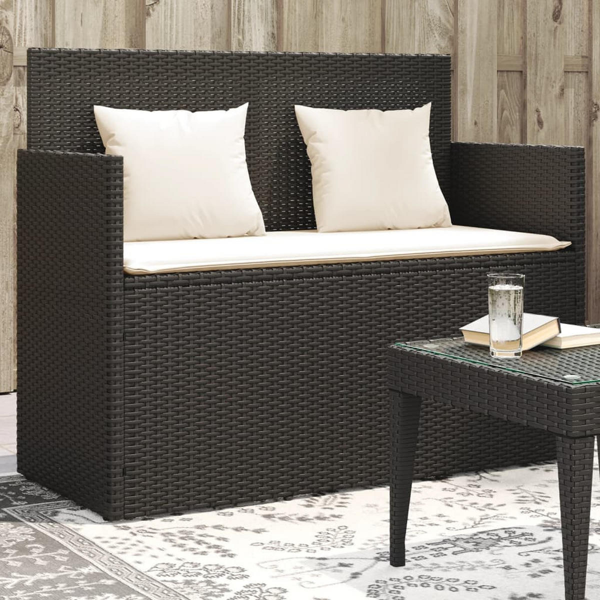 GARTENBANK mit Kissen Schwarz Poly Rattan - Schwarz, Kunststoff (120/90.5/50cm) - furnicato