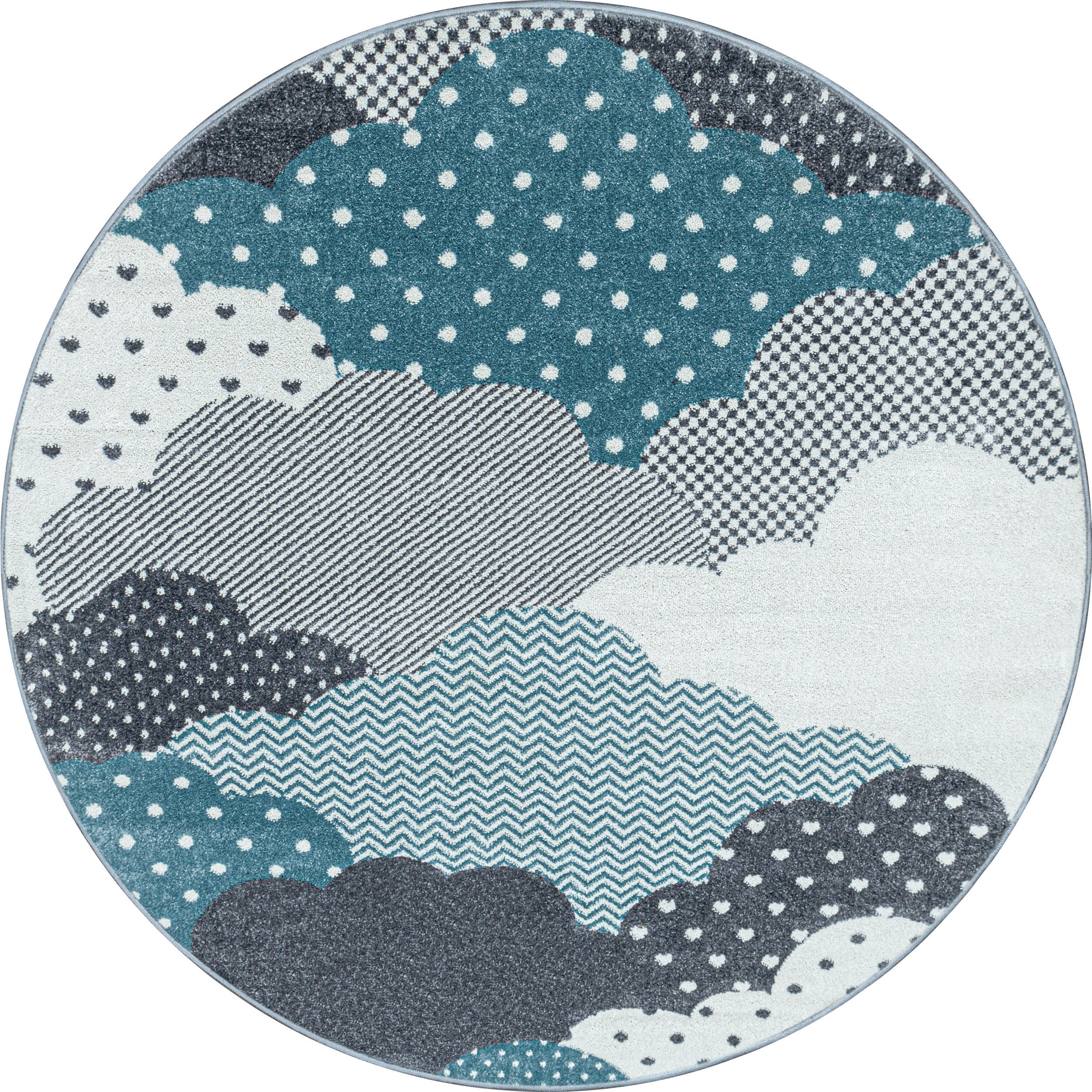 SPIELTEPPICH Wolken Kindgerecht Waschbar Kinderzimmer Schadstoffgeprüft Rund Blau 120x120 cm – NOLA - Blau, Textil (120/120cm) - KADIMA DESIGN