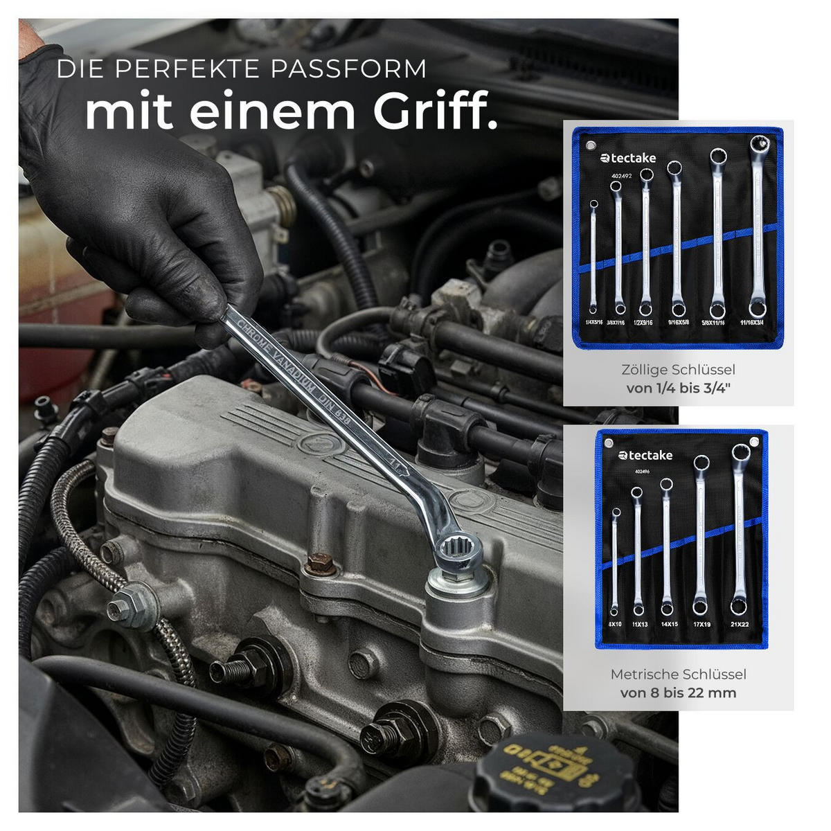 DOPPELRINGSCHLÜSSELSET ,inklusive 2 Rolltaschen mit Ösen,schwarz/silber - Silberfarben/Schwarz, Metall (37/8/7cm) - tectake