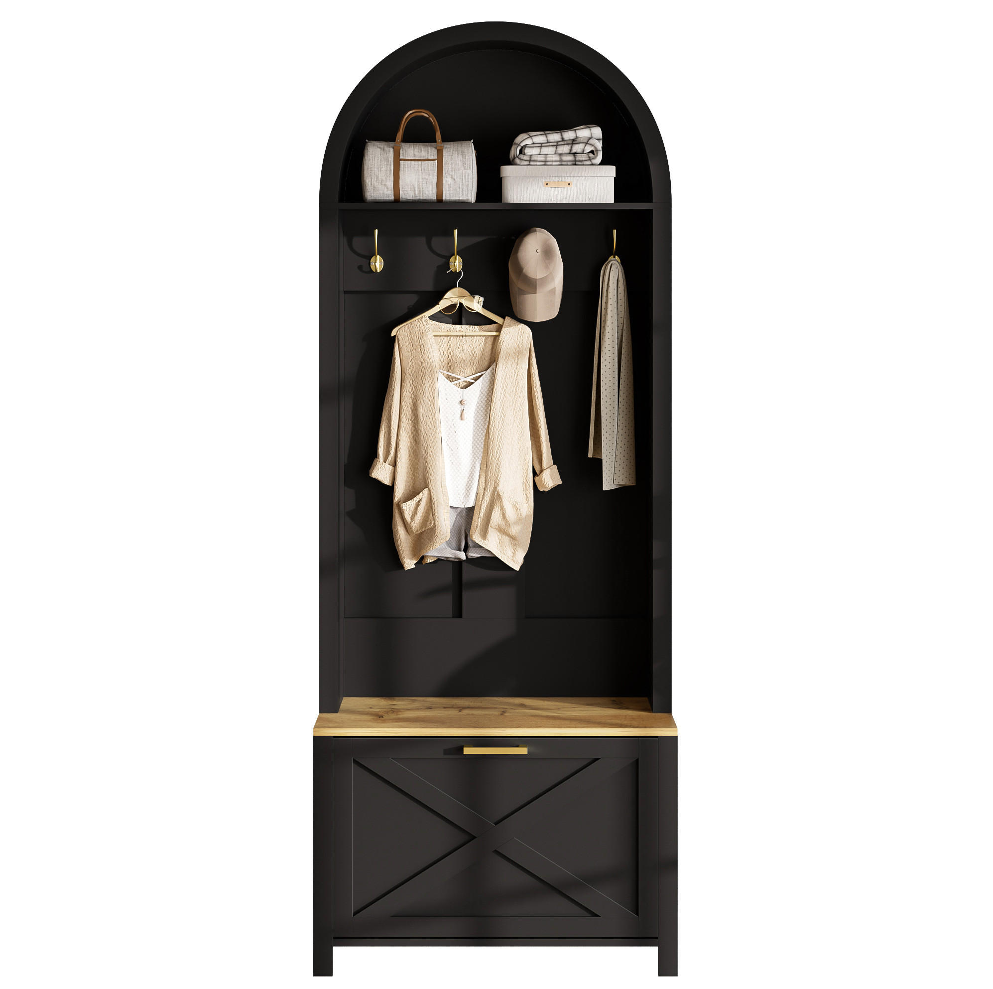 GARDEROBE 75/195/35 cm Schwarz/Holzfarbe aus MDF mit Schuhfach - Schwarz, Holzwerkstoff (35/195/75cm) - OKMYHOME