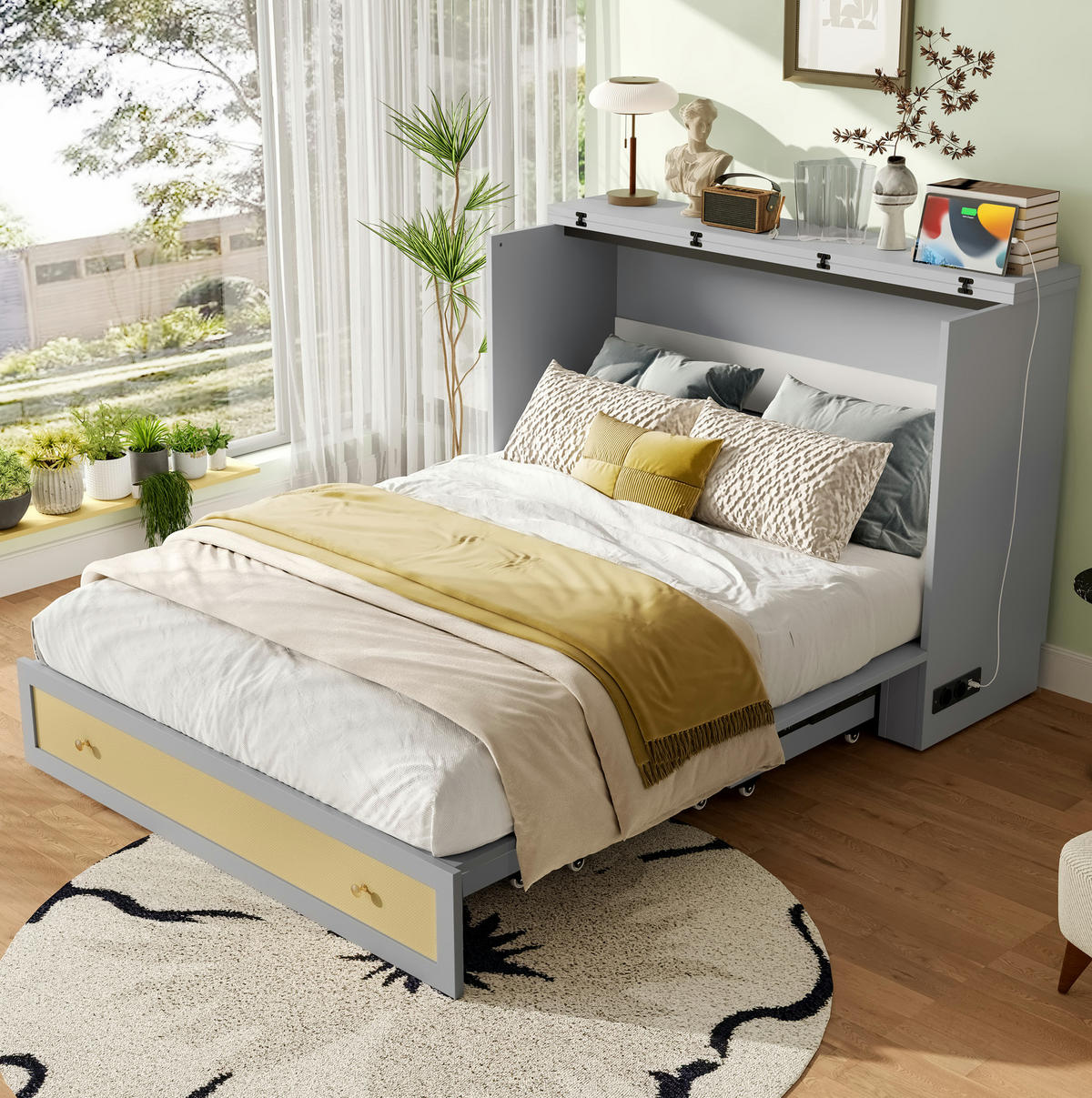BETT 140/200 cm Grau mit USB-Anschluss, Steckdose und Stauraum - Grau, Holzwerkstoff (140/200cm) - Flora Grace