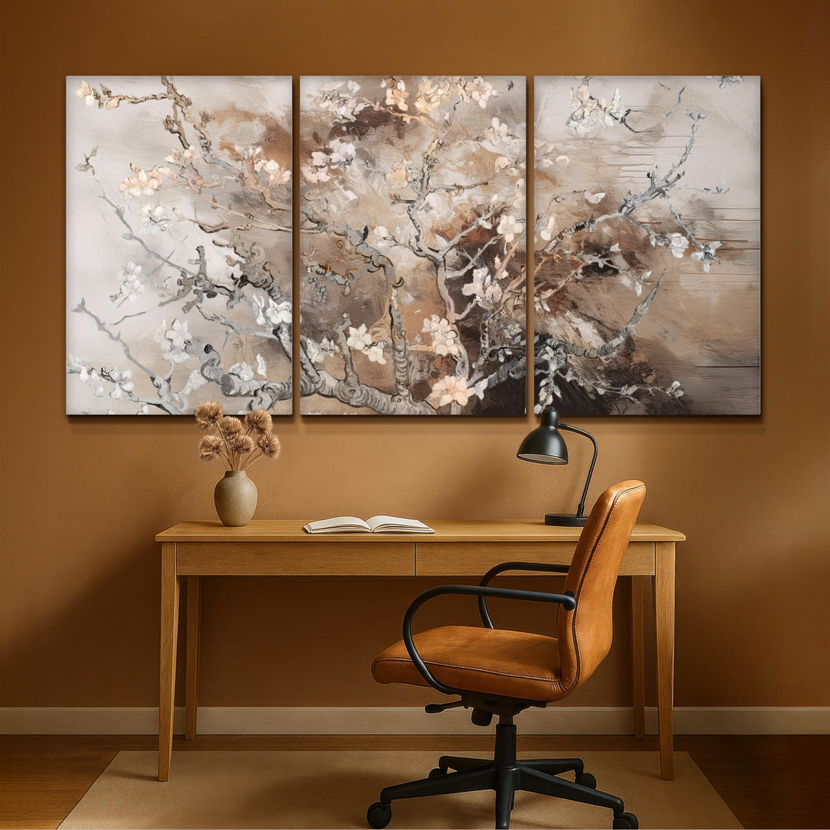 LEINWANDBILD 3er Set Mandelblüte - Abstrakt - Beige 240x120 cm - Beige, Textil (240/120cm) - MuchoWow