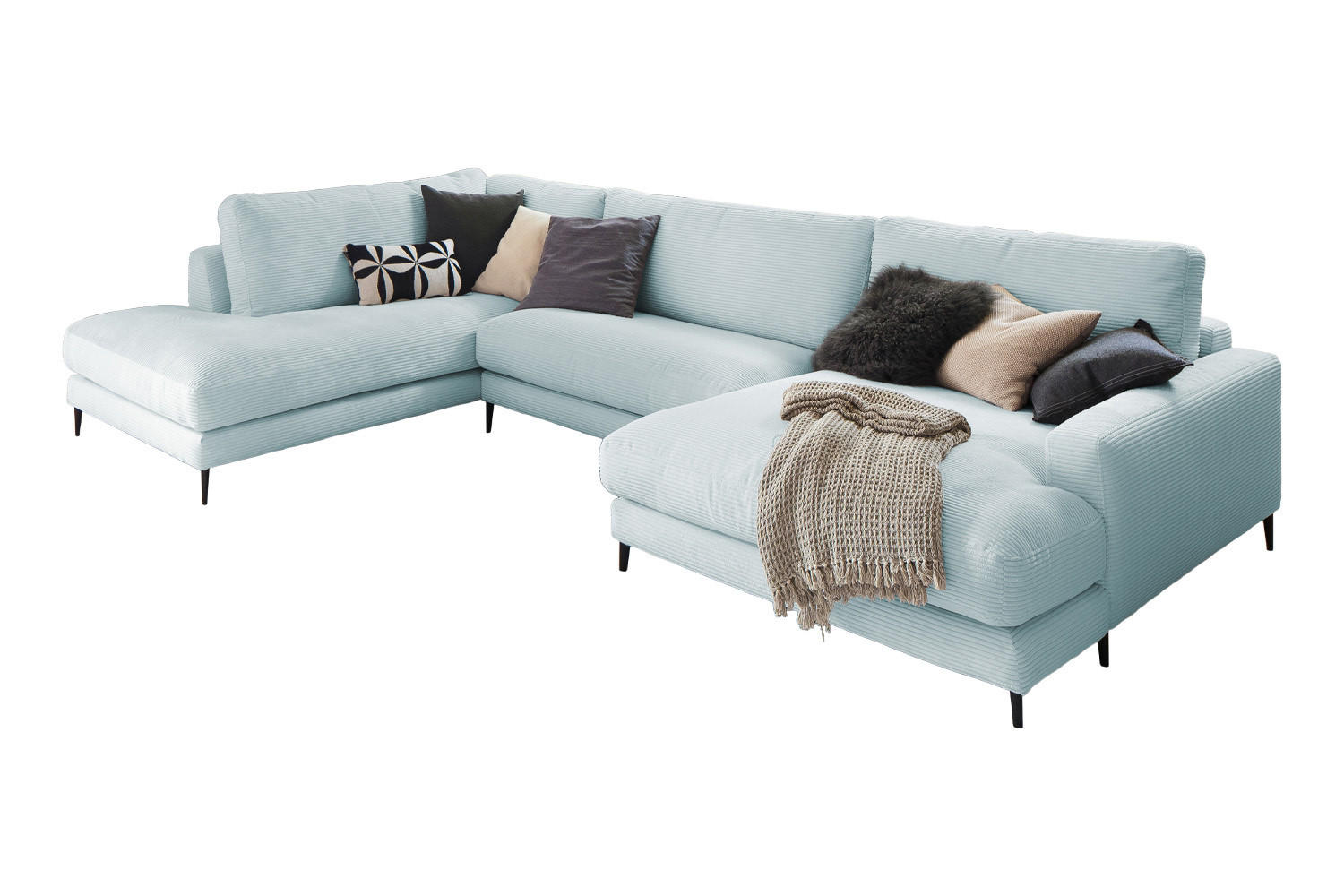 WOHNLANDSCHAFT CARA Hellblau Cord - Schwarz/Hellblau, Textil (341/84/223cm) - KAWOLA
