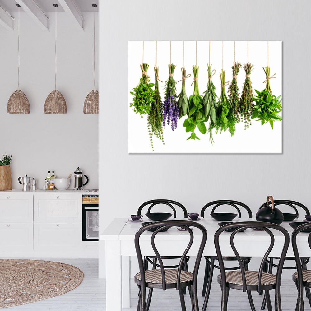 LEINWANDBILD Hängende Kräuter Gewürze Pflanzen 120x80cm - Grün, Textil (120/80cm) - Feeby