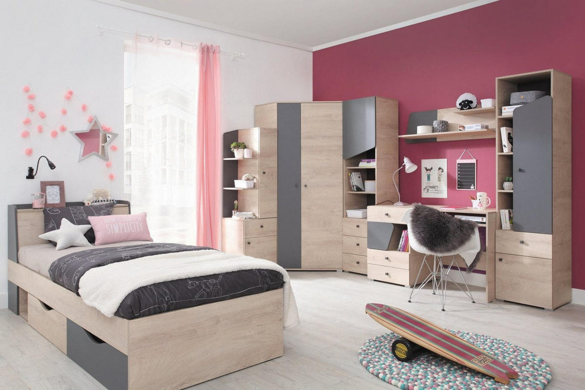 JUGENDBETT DARLA D14 90/200 Eiche/Anthrazit - Anthrazit/Sonoma Eiche, Holzwerkstoff (90/200cm) - Deine Möbel 24