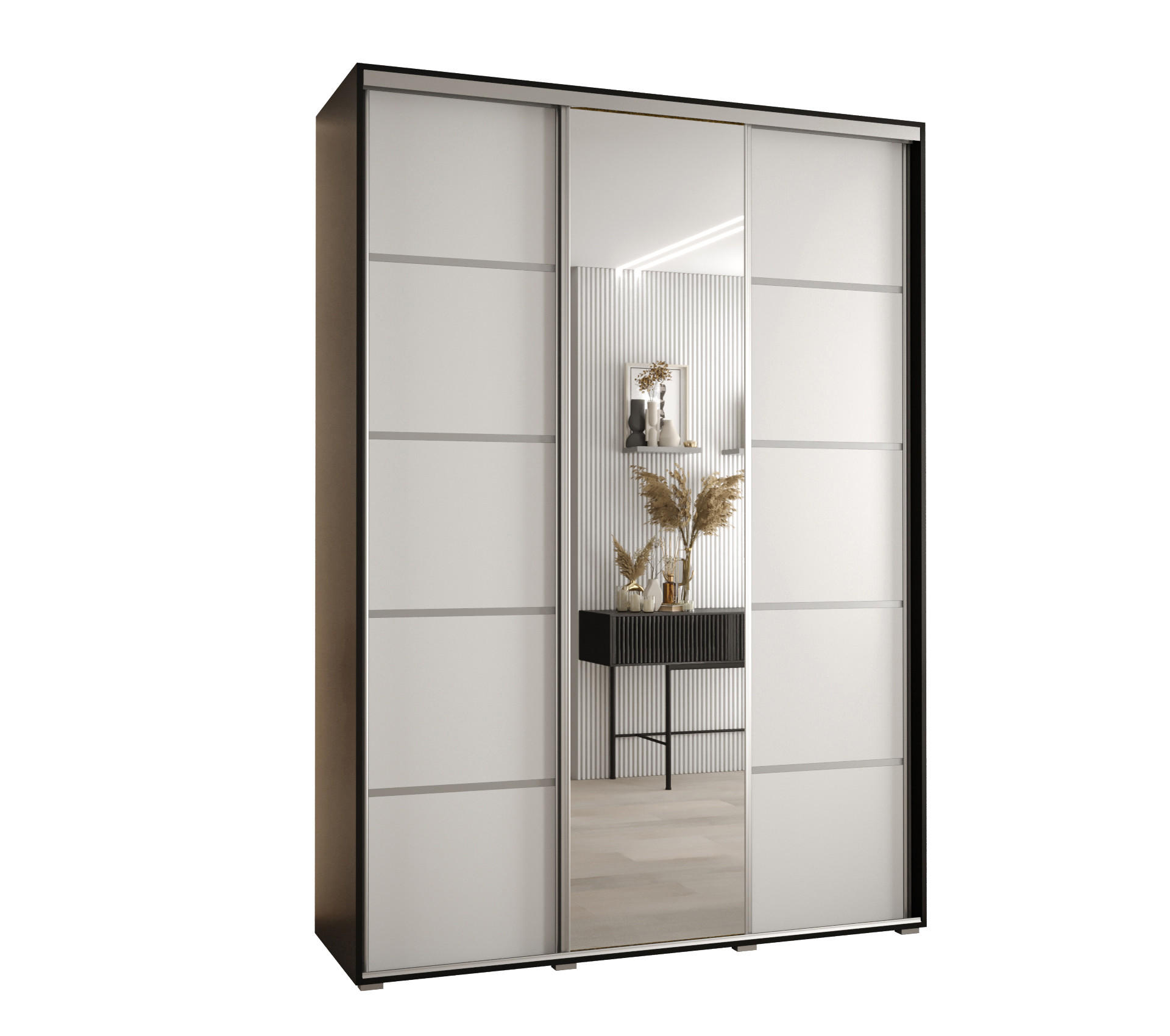 Abiks Möbel Schwebetürenschrank Schwarz, Weiß, Silber 170x235x60 cm