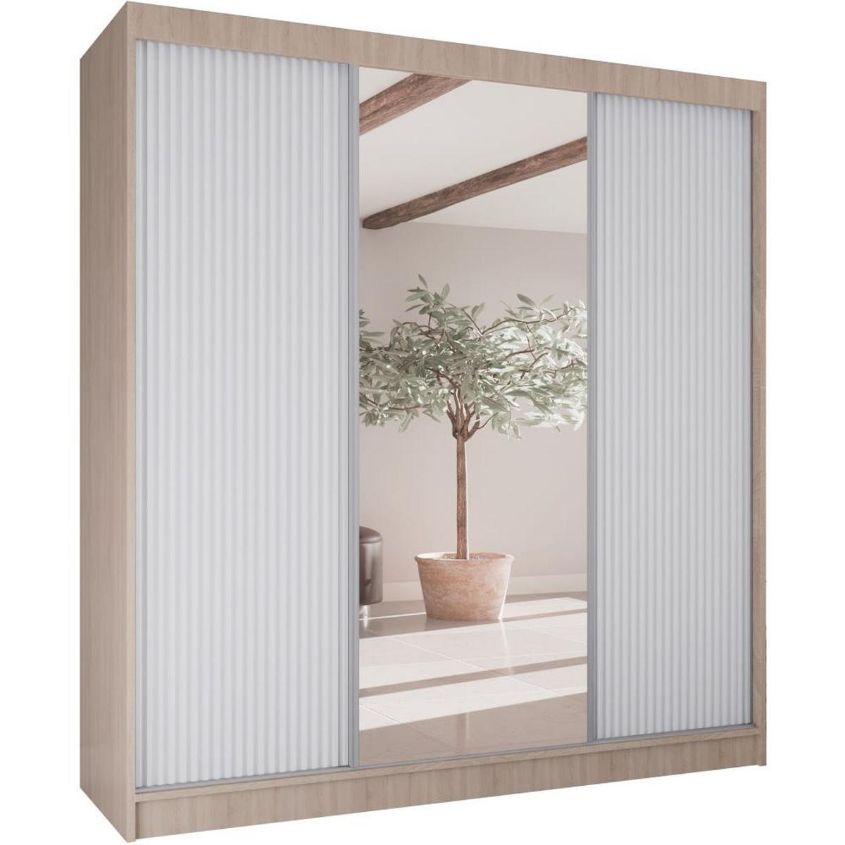SCHWEBETÜRENSCHRANK Ramos II 200/61/215 eiche sonoma+weiß - Weiß/Sonoma Eiche, Holzwerkstoff (200/215/61cm) - Beautysofa
