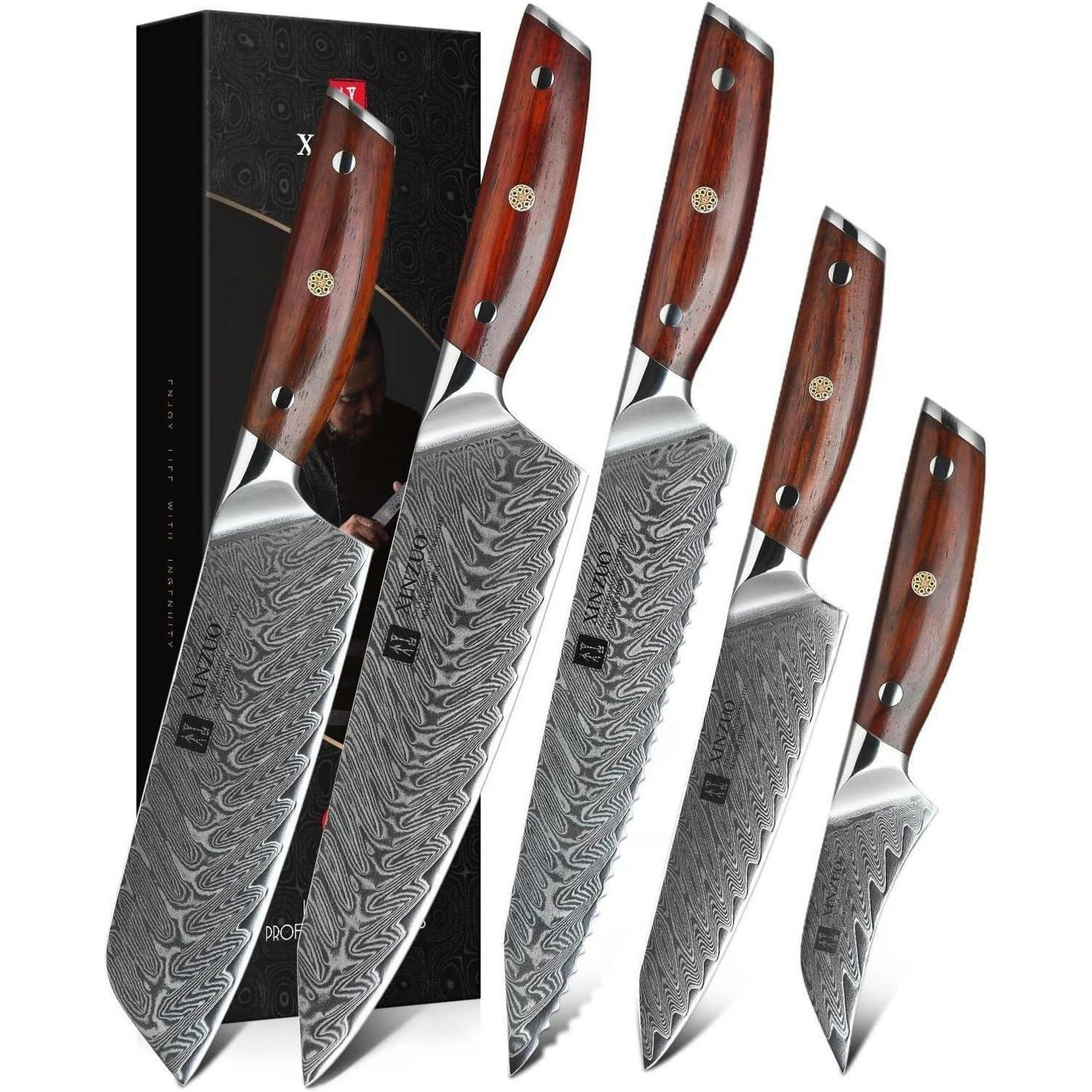 KÜCHENMESSER Set 5-teilig Damaststahl Rosenholz Griff - Multicolor, Holz
