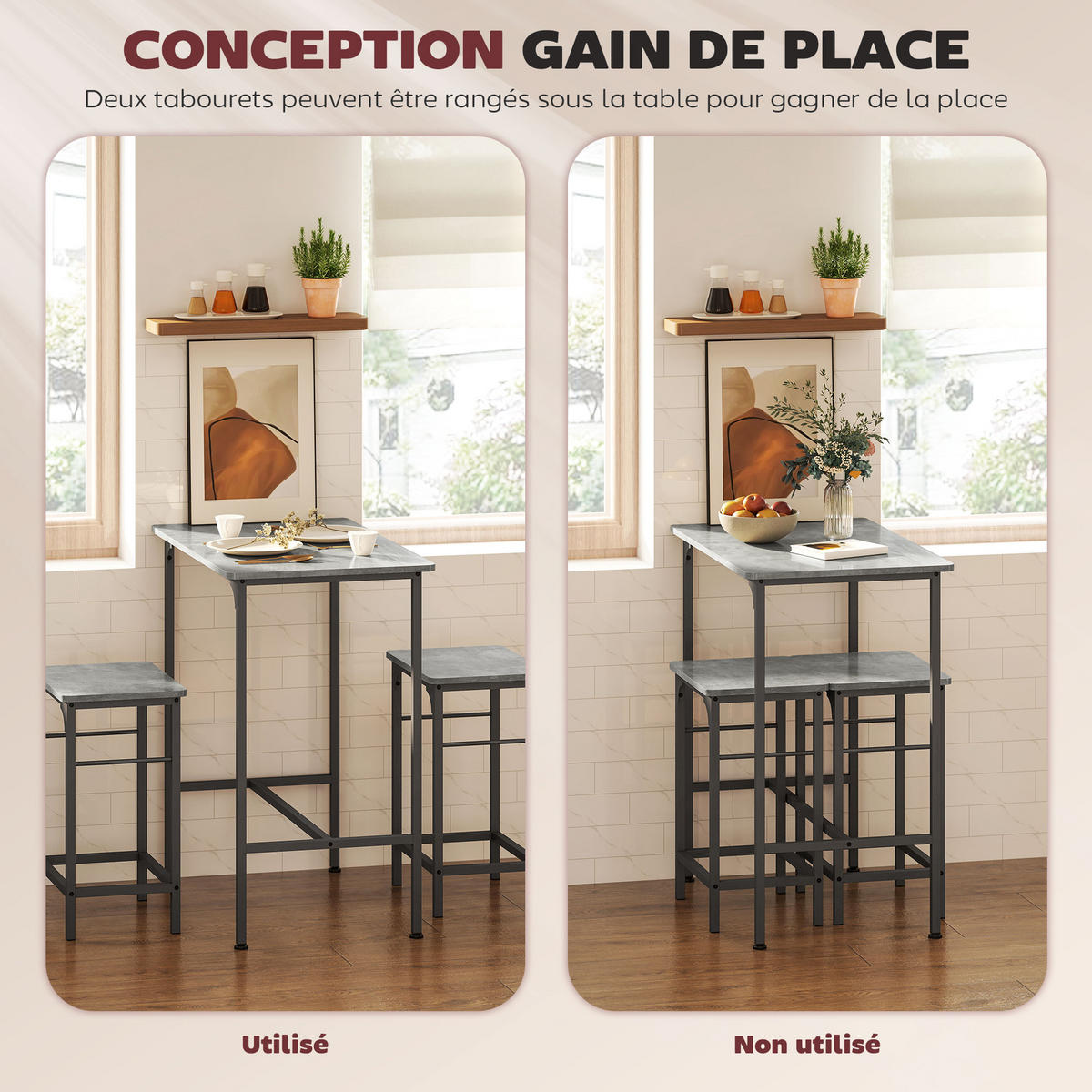 BARTISCH-SET DE-14813 industriell mit 2 Hockern Grau - Grau, Holzwerkstoff (80/50/87cm) - ComfortXL