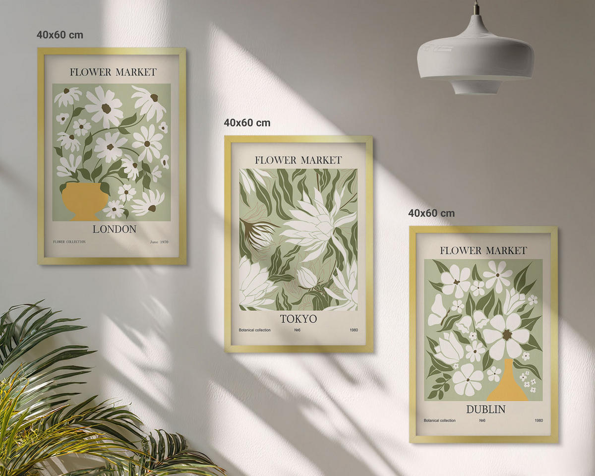 BILDER SET 3er Set - 40x60 cm Goldrahmen - Blumenmuster London Tokio Dublin - Goldfarben, Kunststoff (40/60cm) - TULUP