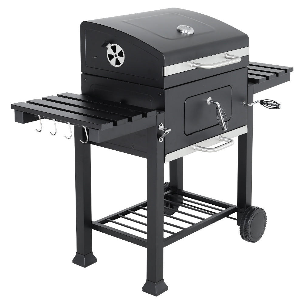 HOLZKOHLEGRILL aus Karbonstahl in Schwarz Tragbarer Outdoor BBQ 2 Seitentischen Temperaturbereich: 100-800°F 138cm B x 48.5cm T x 108cm H - Schwarz, Metall (138/108/48.5cm) - Livingandhome
