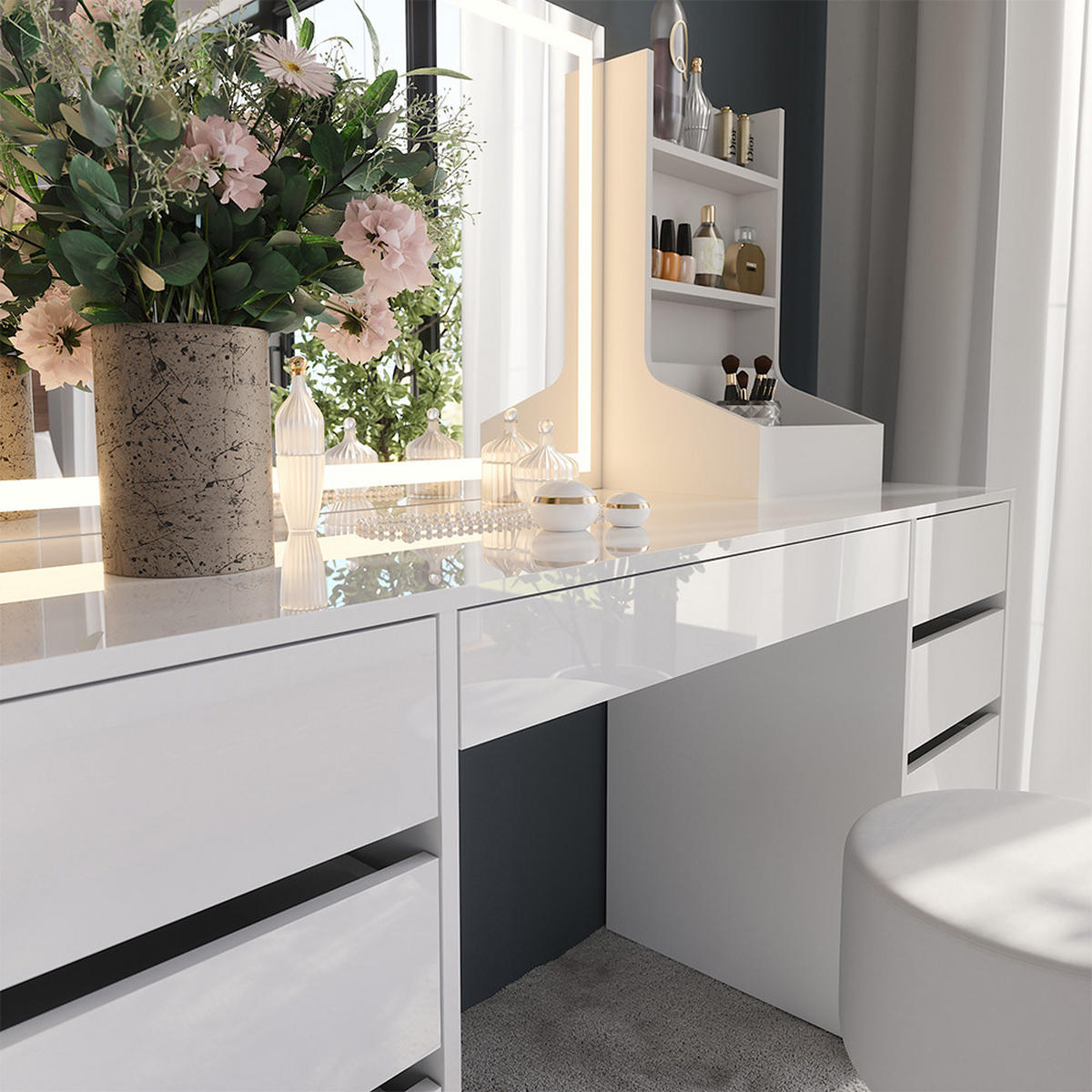 SCHMINKTISCH Sherry Weiß/Weiß Hochglanz 158.2 cm 4 Teile - Weiß Hochglanz, Holzwerkstoff (158.2/76/50.1cm) - Vicco