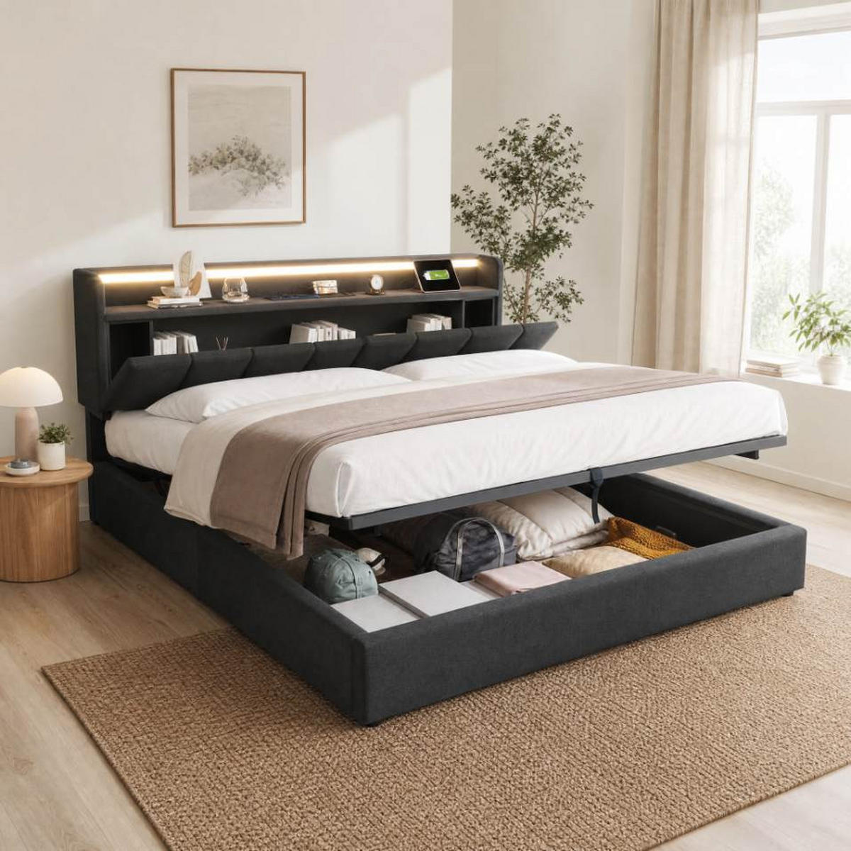POLSTERBETT 140/200 cm grau mit Stauraum-Kopfteil und LED-Beleuchtung - Grau, Textil (140/200cm) - OKWISH