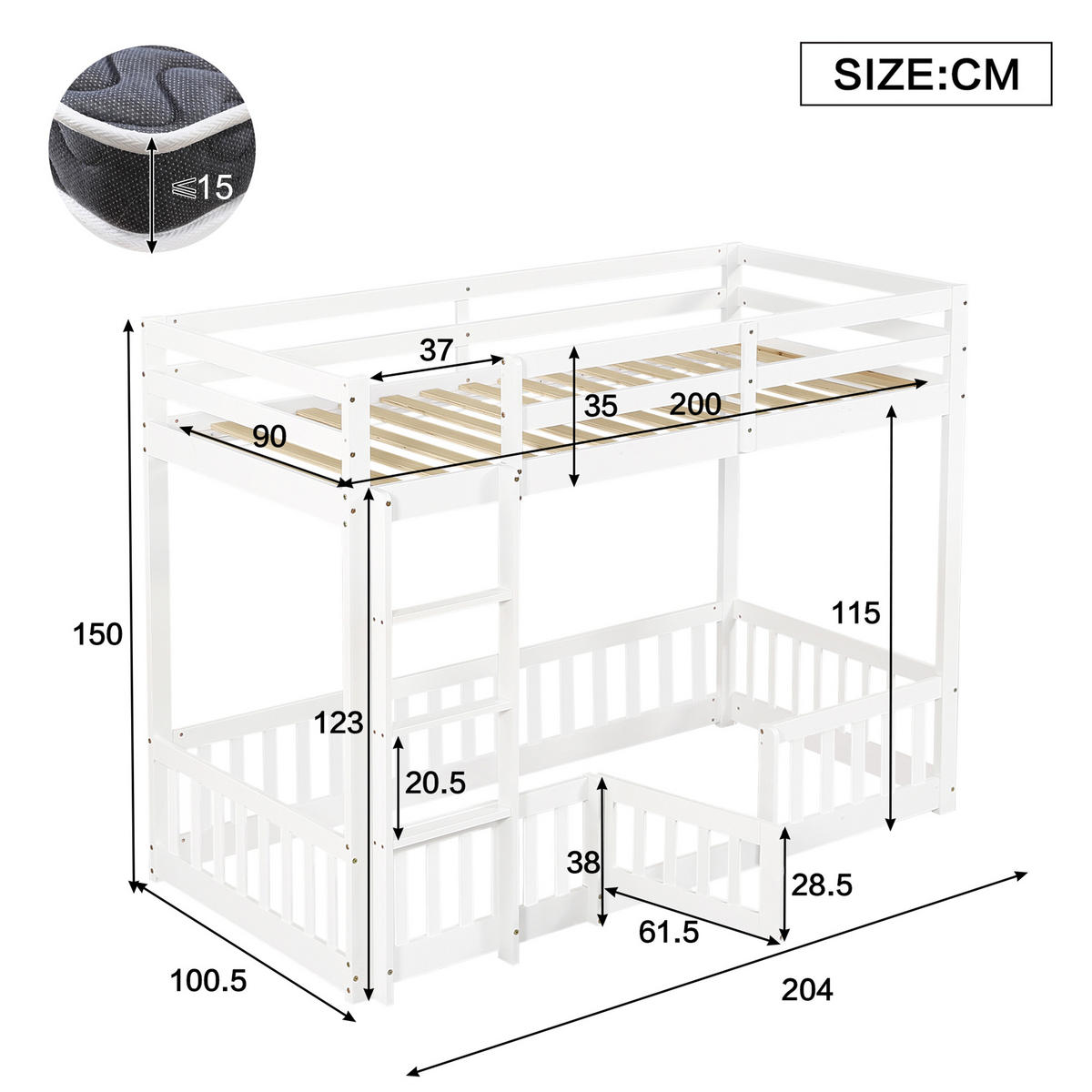 ETAGENBETT 90x200 cm Treppe Tür weiß - Weiß, Holz (90/200cm) - LEBENLANG