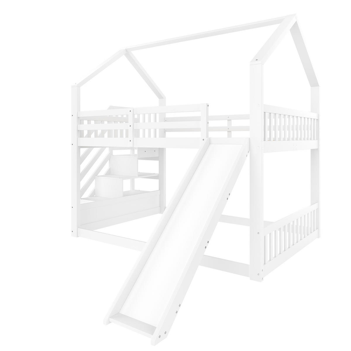 HAUSBETT 140/200 cm in Weiß mit Stauraumtreppe und Rutsche - Weiß, Holz (140/200cm) - BEAOK
