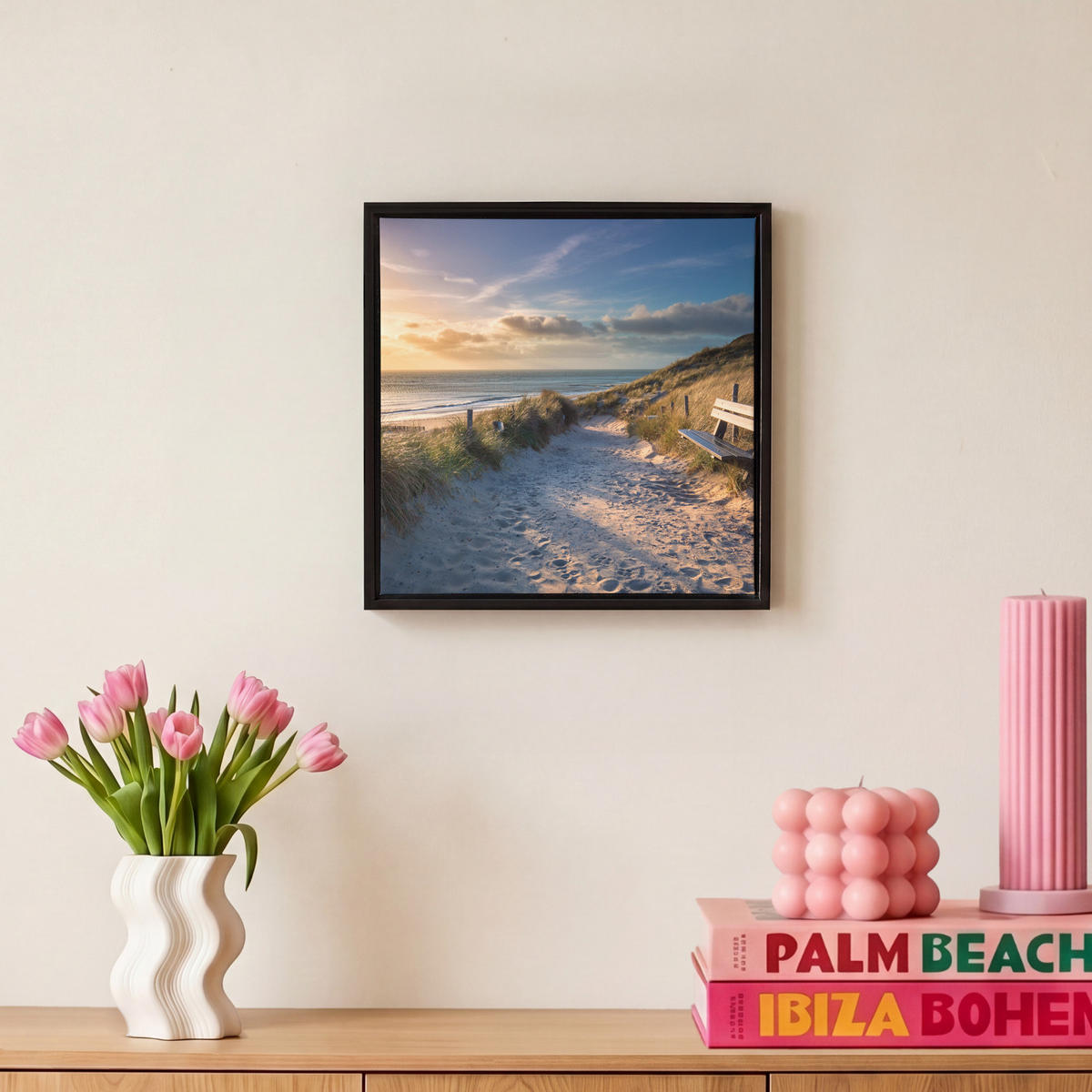 LEINWAND Bilder mit Rahmen - Sonnenuntergang - Strand - Düne - Gras - Ufer - 20x20 - Sandfarben, Textil (20/20cm) - MuchoWow