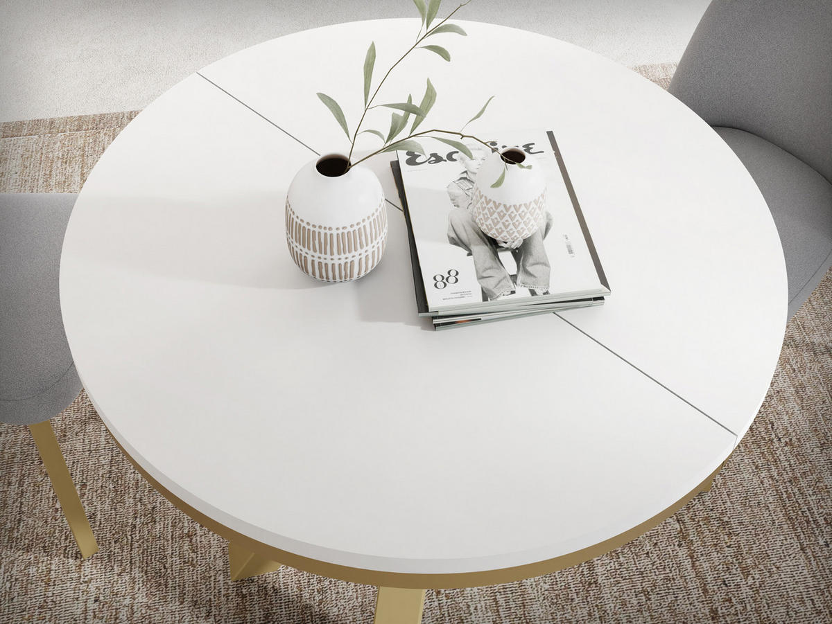 ESSTISCH Clara Gold runder ausziehbarer, Weiß 120-200/120/76 cm - Goldfarben/Weiß, Holzwerkstoff/Metall (120/120/76cm) - WFL GROUP