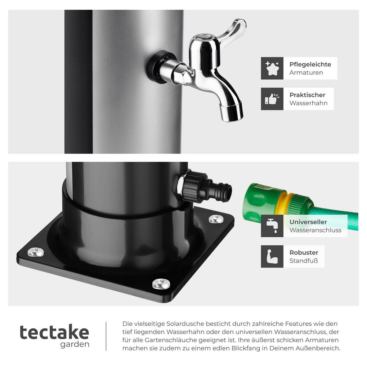 SOLARDUSCHE Orinoco, extra Wasserhahn, inklusive Schutzhülle, schwarz/silber - Silberfarben/Schwarz, Kunststoff (19.5/222/47cm) - tectake