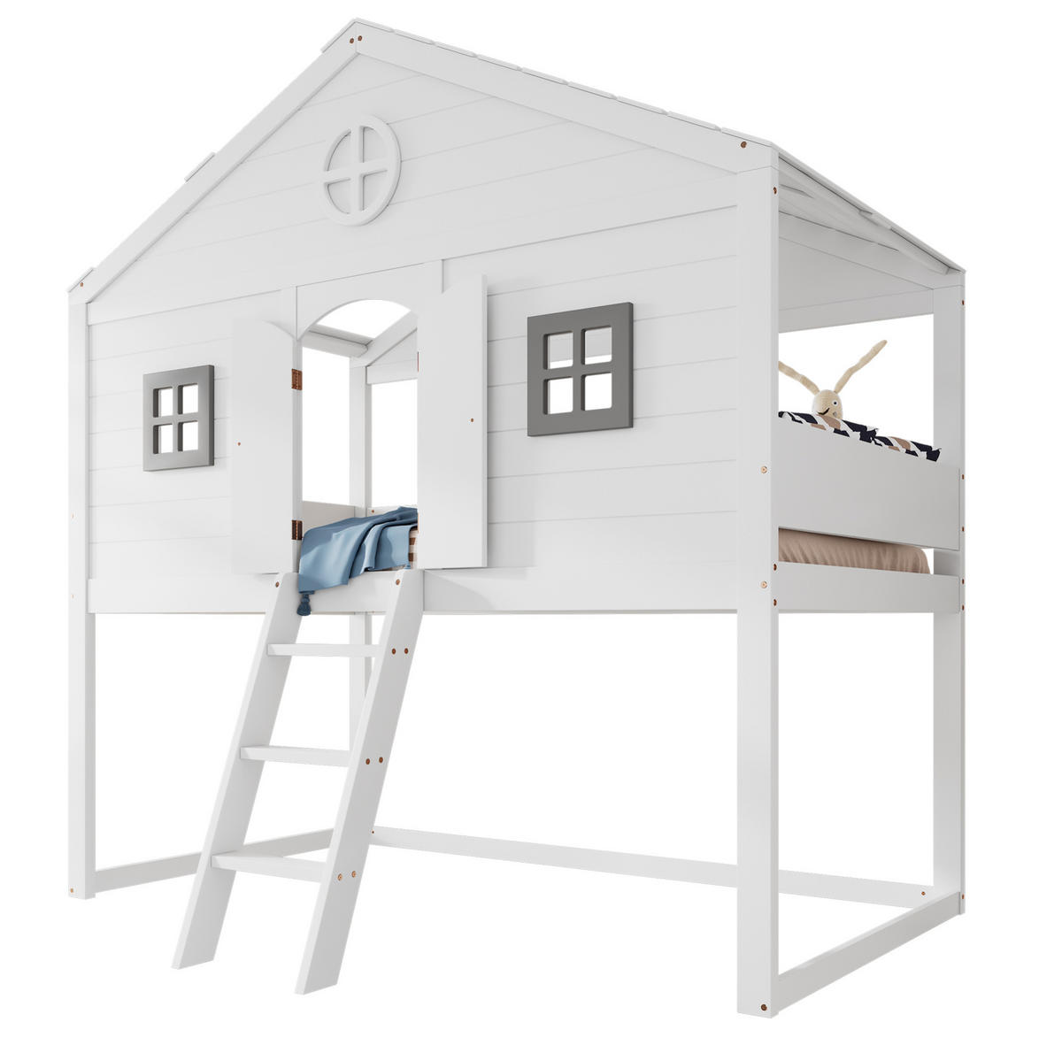 HOCHBETT 90/200 cm Weiß/Grau mit Treppe, Fenstern und Fallschutz - Weiß, Holz (90/200cm) - Flora Grace