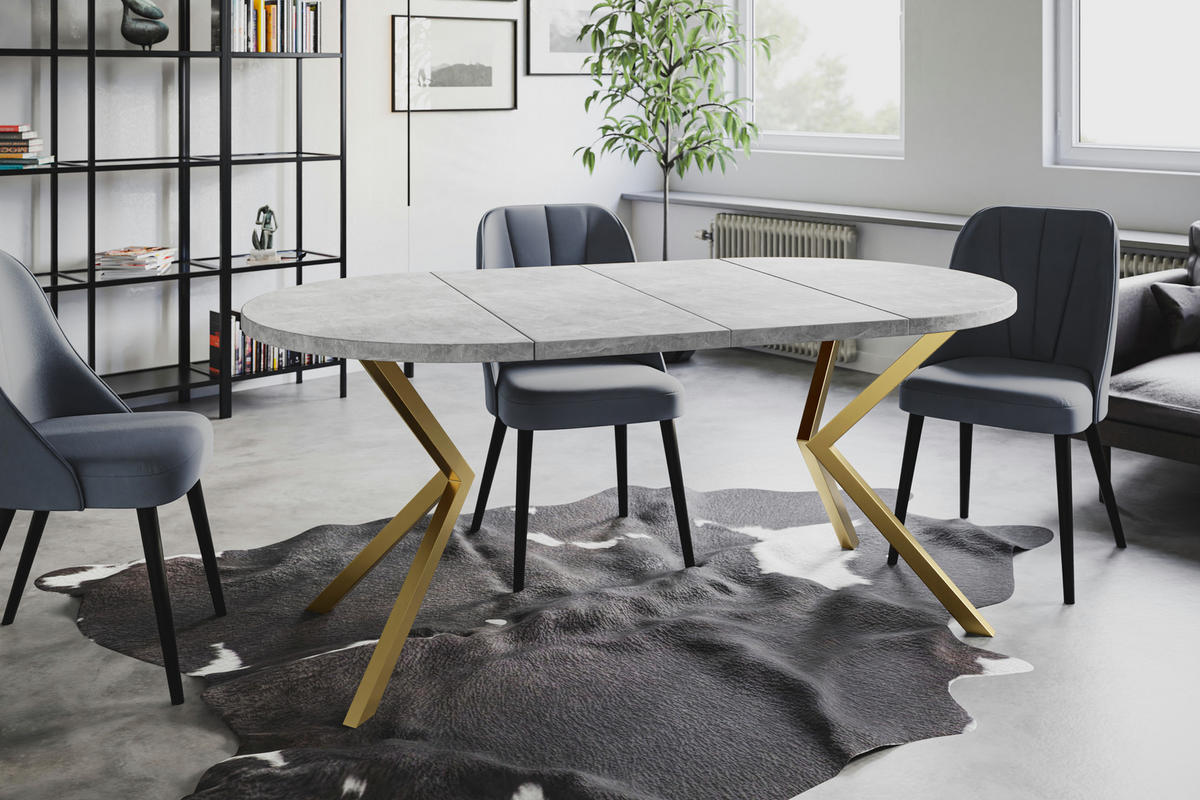 ESSZIMMERTISCH LOFT LITEN, ausziehbarer Tisch 120 cm/200 cm, Farbe: Hellgrau, mit Metallbeinen in Farbe Gold - Goldfarben/Grau, Holzwerkstoff (120/120/76cm) - Alpi-Möbel