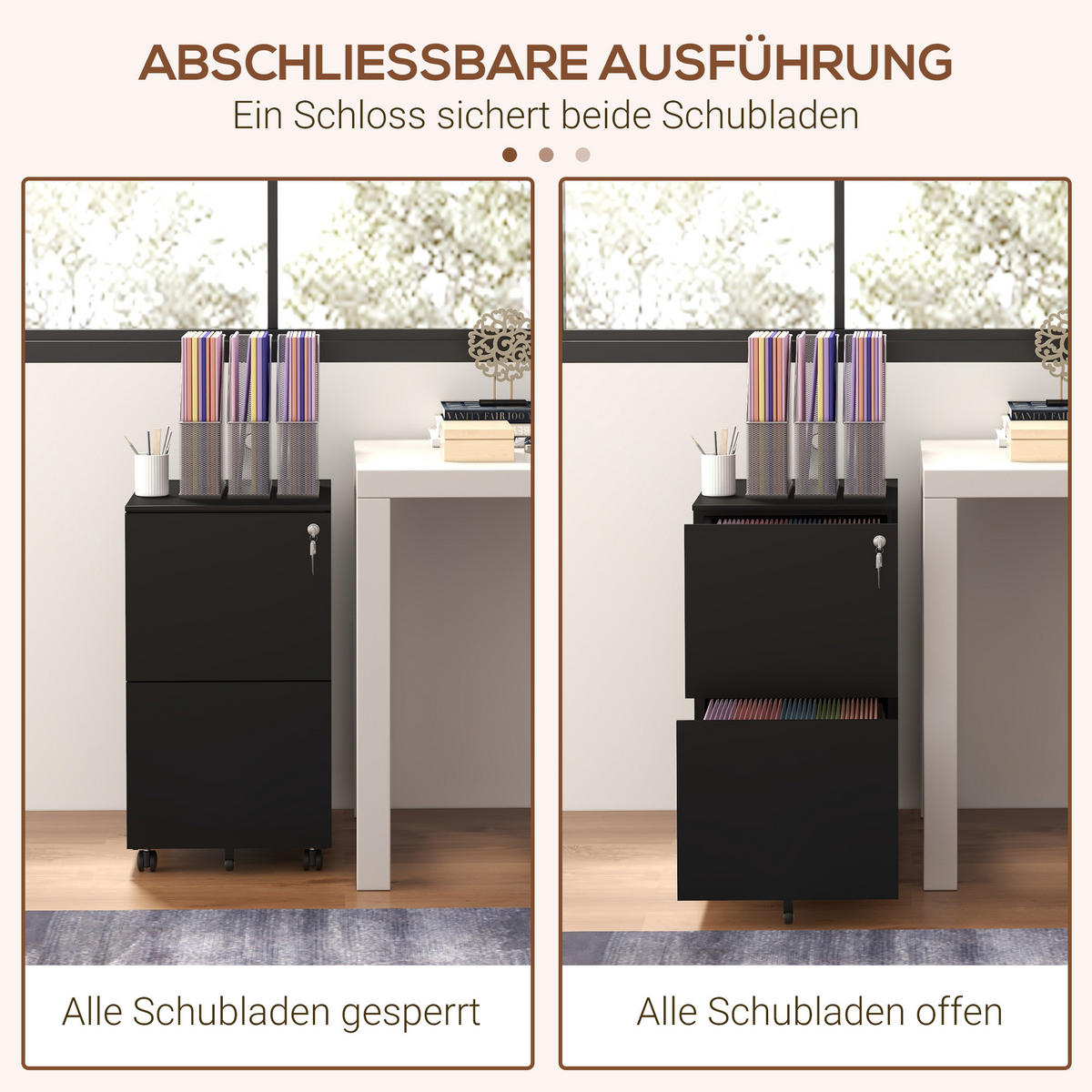 AKTENSCHRANK mit 2 Schubladen, Rollen, für A4 Akten, Dokumente, Stahl, Schwarz - Schwarz, Metall (43.5/67.5/37cm) - Vinsetto