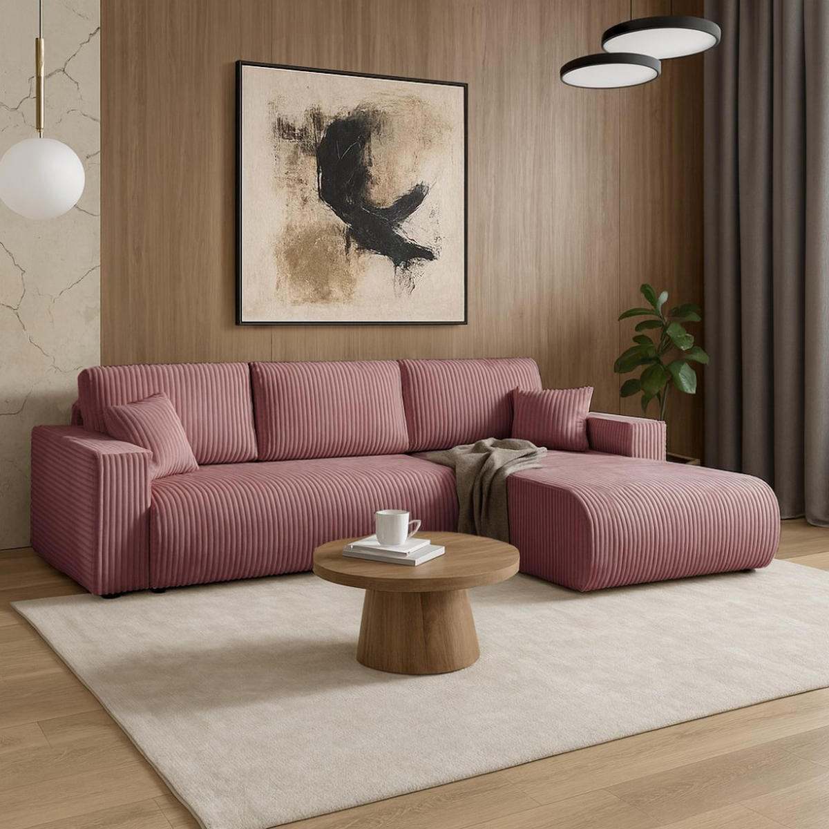 ECKSCHLAFSOFA Porto mit universelle Ottomane, Rosa - Schwarz/Rosa, Textil (288/190cm) - Beautysofa