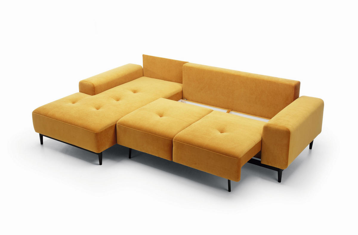 ECKSOFA SACRO Gelb Plüsch-Stoff mit Schlaffunktion - Gelb, Holz (266/175cm) - MASSENO
