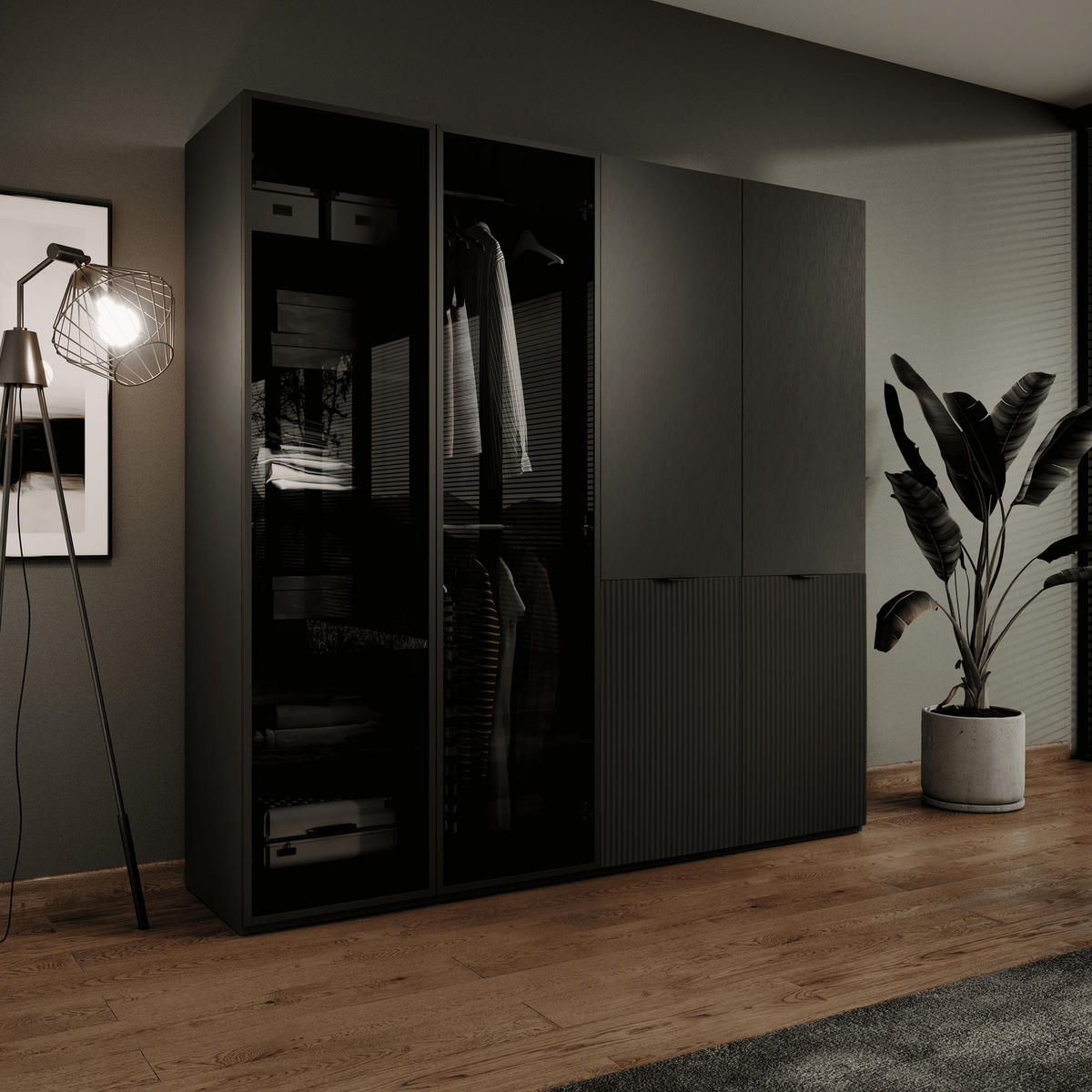 KLEIDERSCHRANK ZEN (Modular, Schwarz Matt, Schwarz & Getöntes Glas Antisol, 4-türig) - Schwarz, Holz/Holzwerkstoff (202/200/51cm) - Ravio
