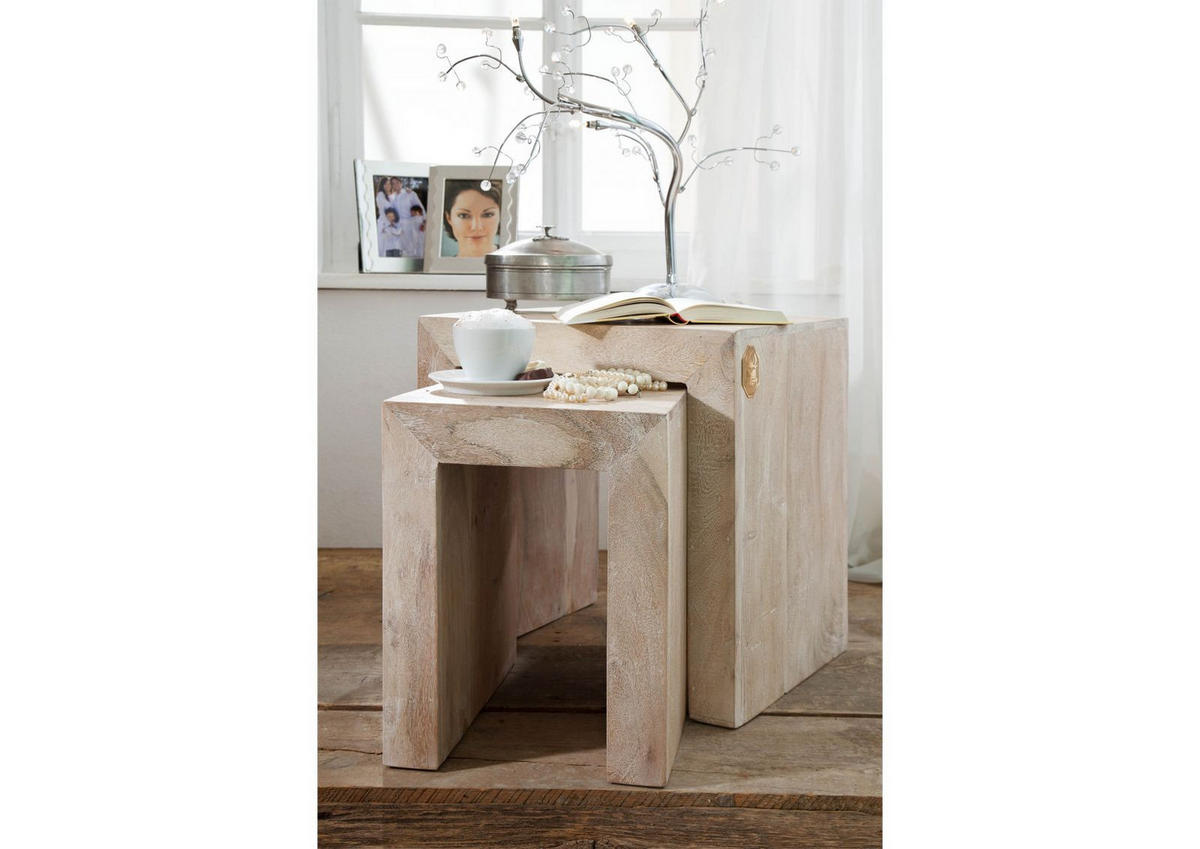 BEISTELLTISCH Akazie 45x35x45 white stone getüncht NATURE WHITE #12 - Beige, Holz (35/45/45cm) - Massivmoebel24