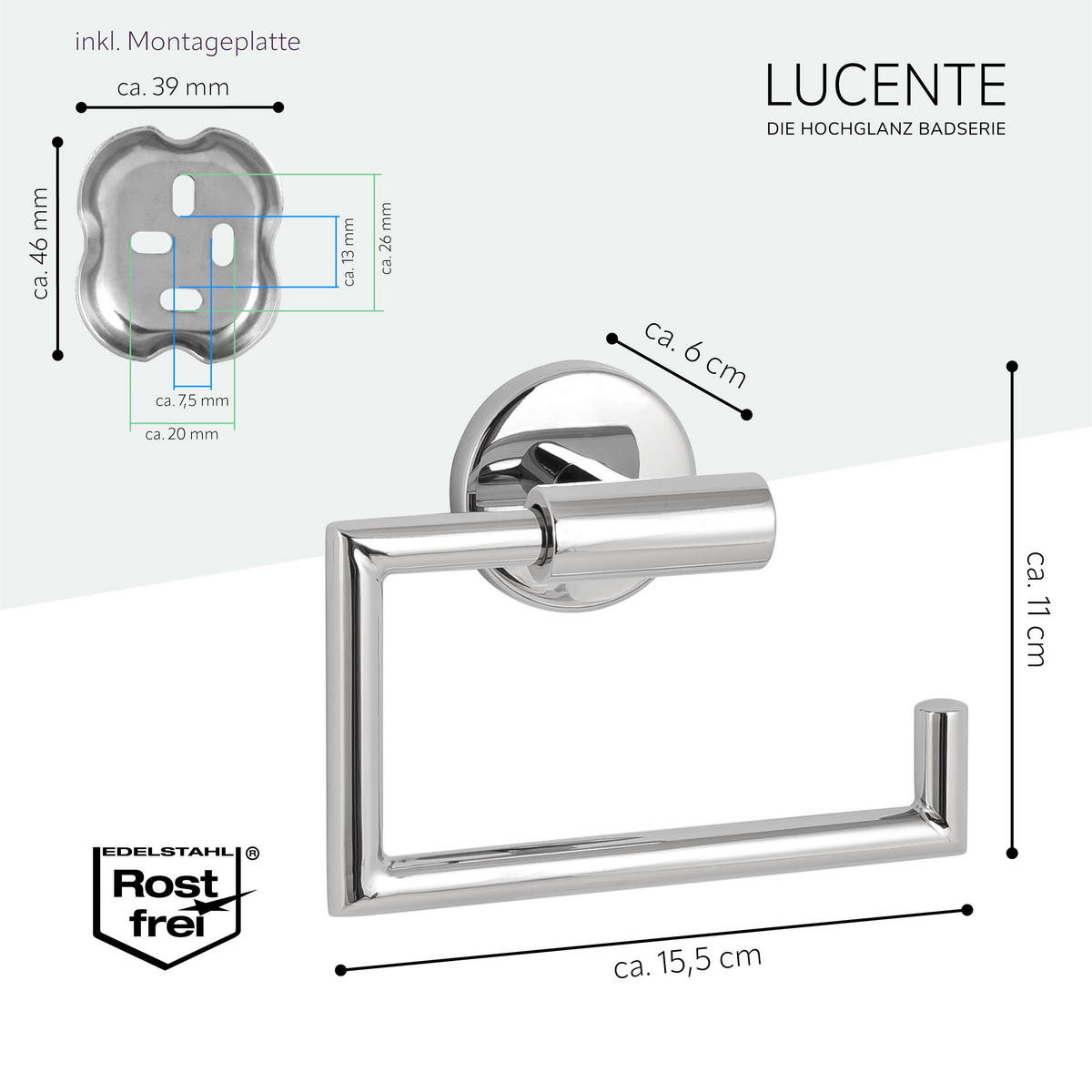 TOILETTENPAPIERHALTER LUCENTE, Edelstahl, verchromt - Chromfarben, Metall (15.5/11/6cm) - bremermann