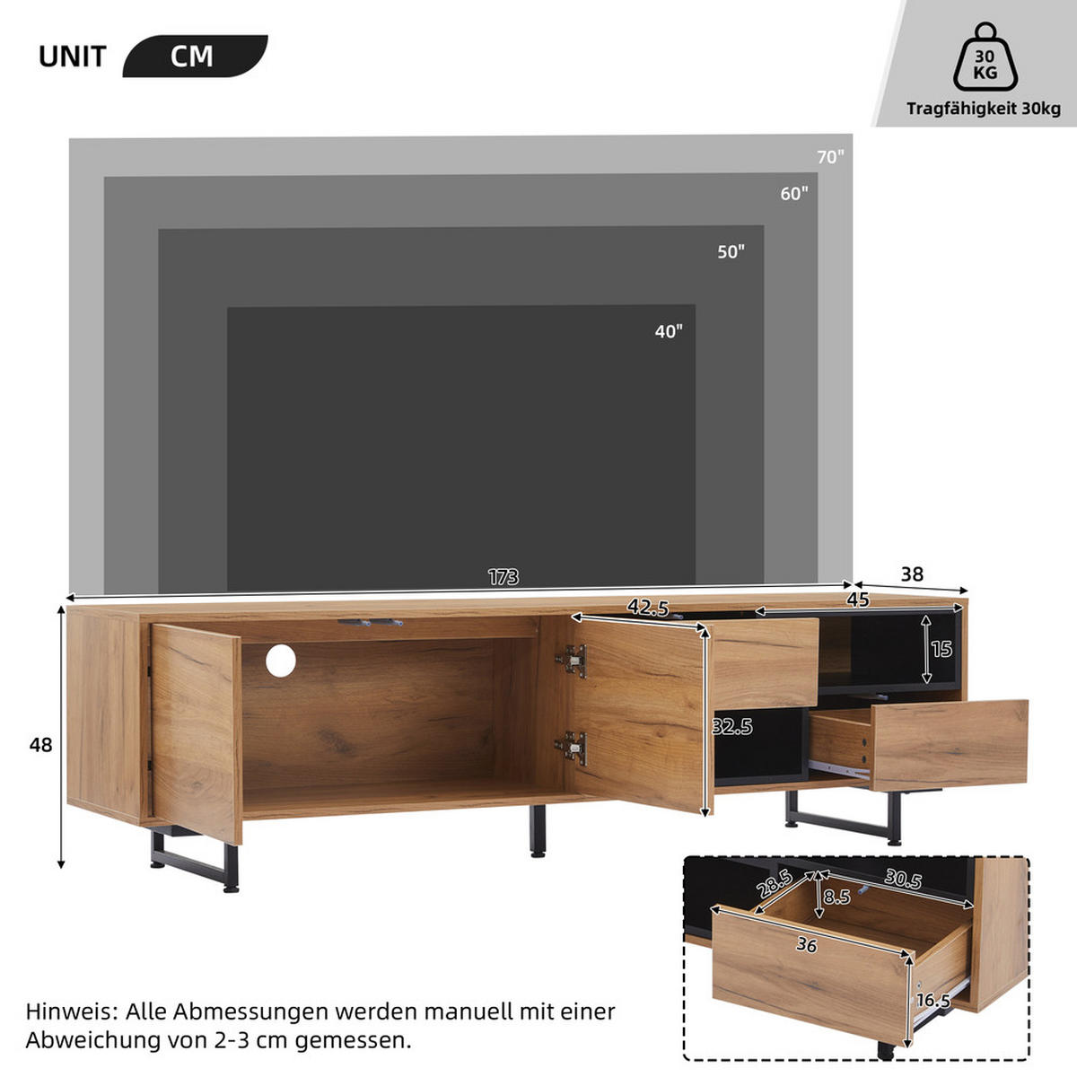 TV-SCHRANK 173x38cm Lowboard Holzspanplatte Stauraum bis 70 Zoll - Braun, Holz (46.36/27.94/57.15cm) - FLIEKS