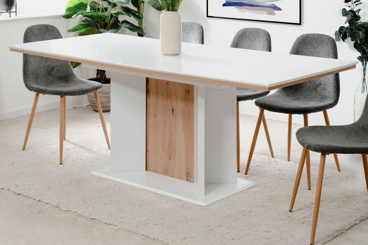ESSTISCH weiß, Eiche Artisan, Säulentisch ausziehbar 160 - 200 x 90 cm - Weiß/Eiche Artisan, Holzwerkstoff (160/90/76cm) - Furn.Design