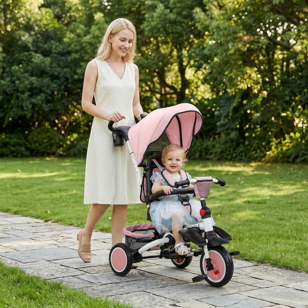 KINDERDREIRAD DE-10488 6-in-1 Buggy mit Schiebegriff Schwarz - Pink, Metall (111.5/52/98cm) - ComfortXL