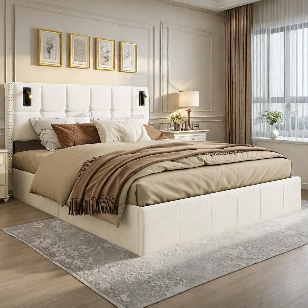 POLSTERBETT 160x200 cm USB Typ C Stauraum Lattenrost beige - Beige, Holz (160/200cm) - LEBENLANG